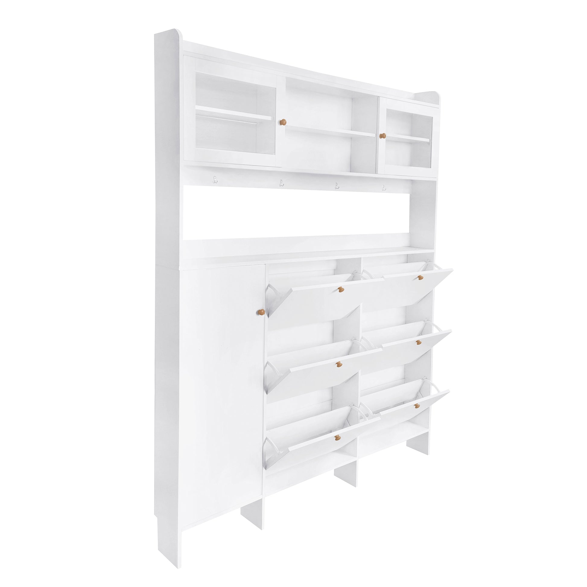 Multifunctional Shoe Cabinet With Storage Shelf & 6 Flip Drawers, Modern Large Hall Tree With Tempered Glass Doors, Elegant Foyer Cabinet With 4 Hooks For Hallway, White 5 Or More Drawers White Particle Board