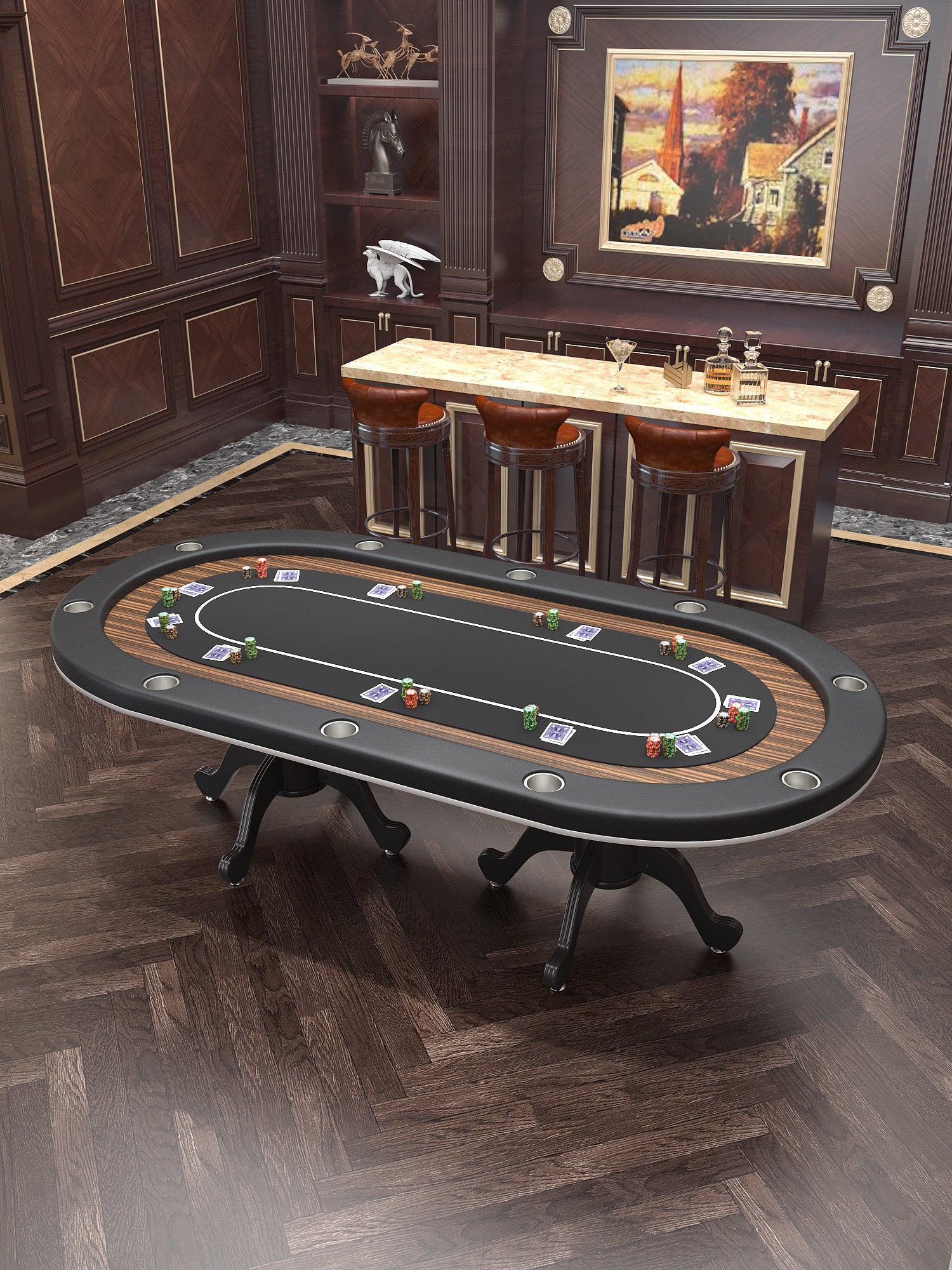 96" Oval Aura Casino Waterproof Felt Curved Legs Poker Table Black Wood