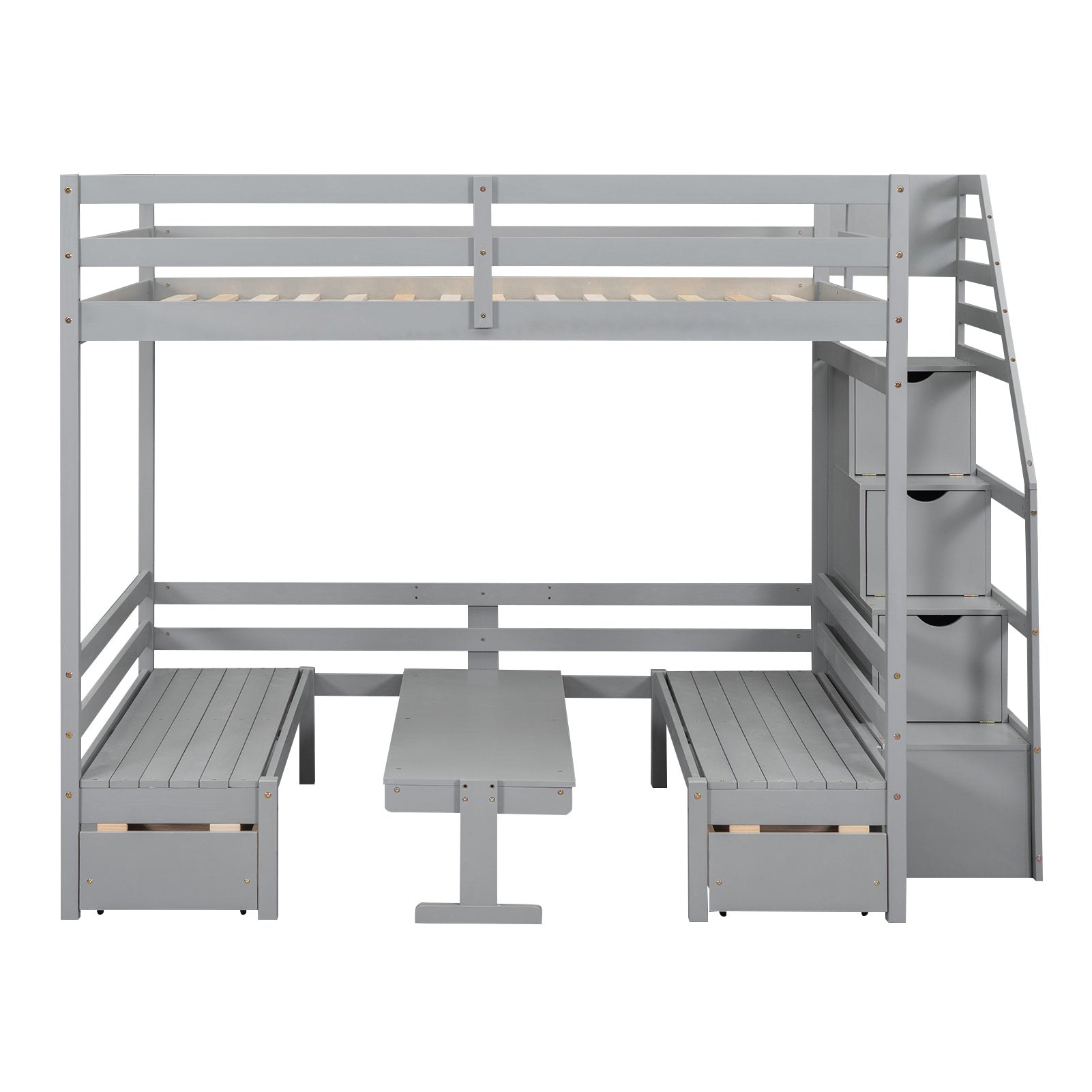 Full Over Full Size Bunk With Staircase,The Down Bed Can Be Convertible To Seats And Table Set,Gray Box Spring Not Required Full Gray Wood Bedroom Bunk Pine