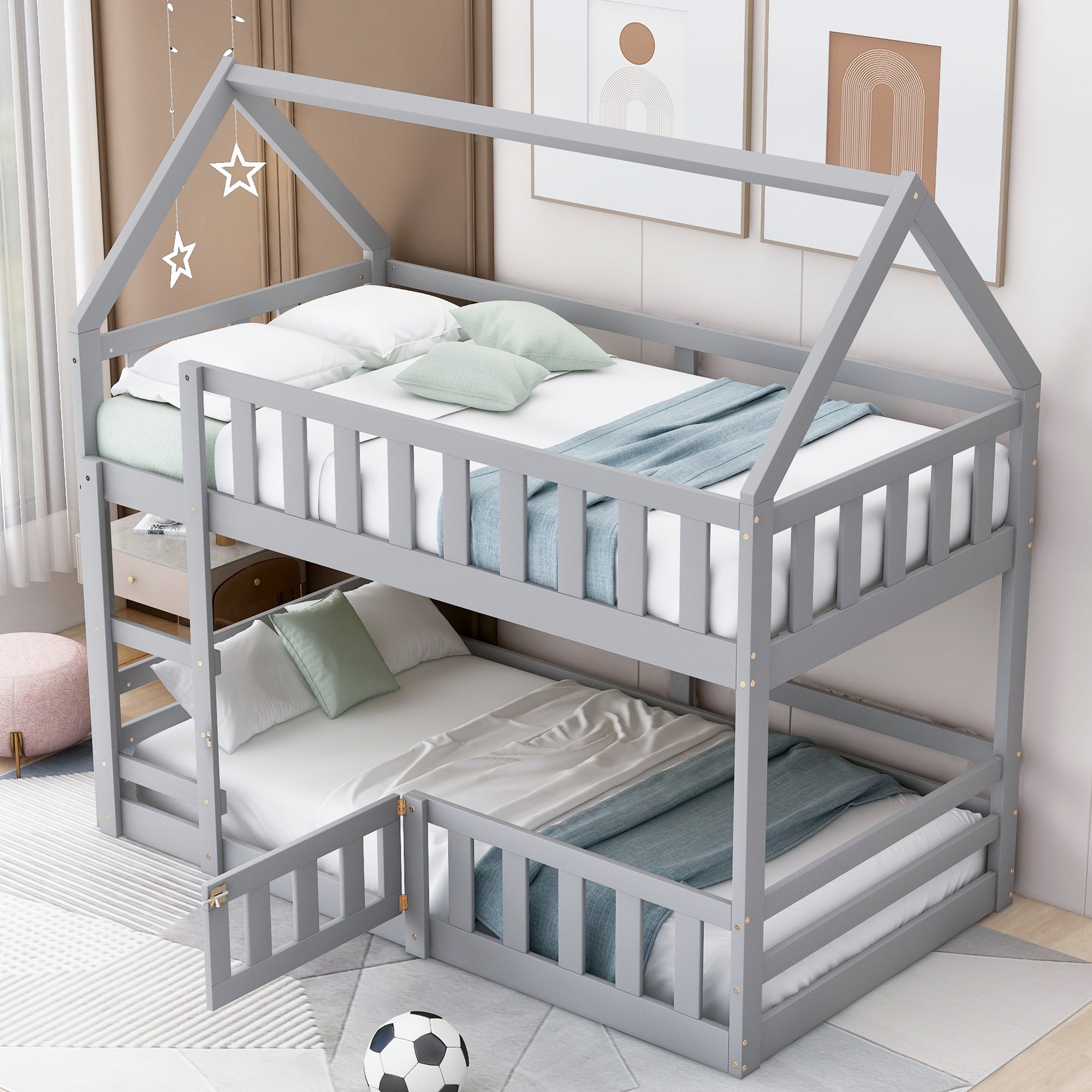 Twin over Twin House Bunk Bed with Fence and Door, box spring not