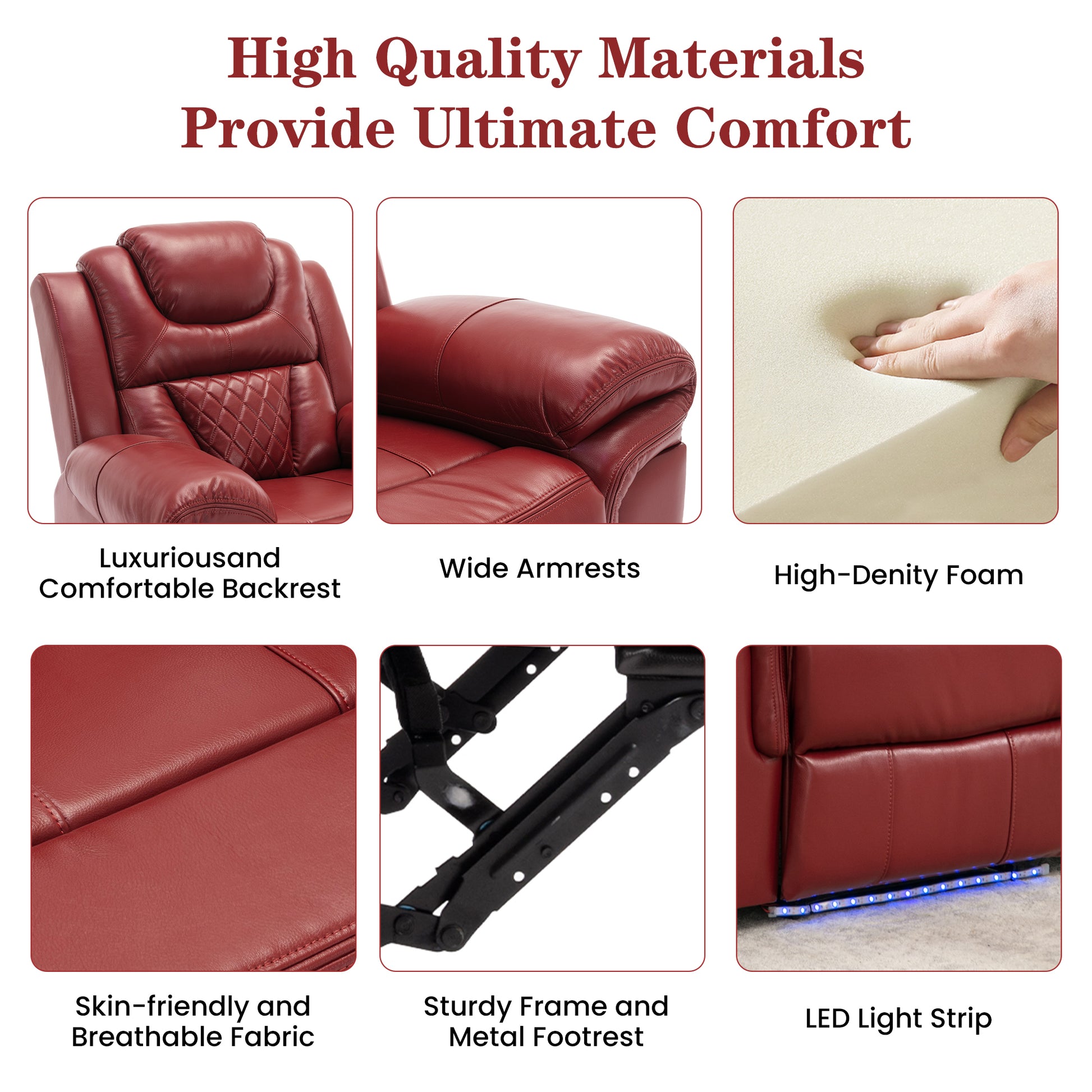 Home Theater Seating Manual Recliner Chair With Center Console And Led Light Strip For Living Room, Wind Red Red Foam Faux Leather