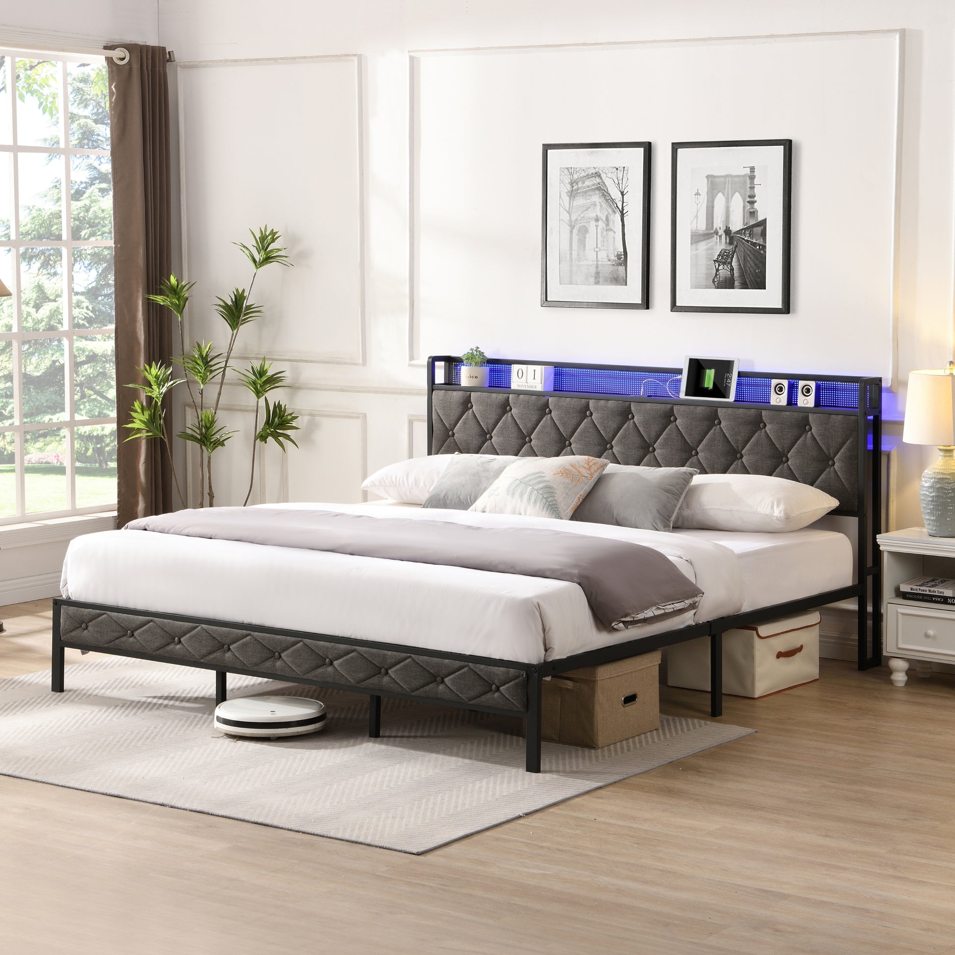 King Bed Frame With Storage Headboard, Charging Station And Led Lights, Upholstered Platform Bed With Heavy Metal Slats, No Box Spring Needed, Noise Free, Easy Assembly, Dark Gray Box Spring Not Required King Gray Metal Bedroom Bed Frame Metal