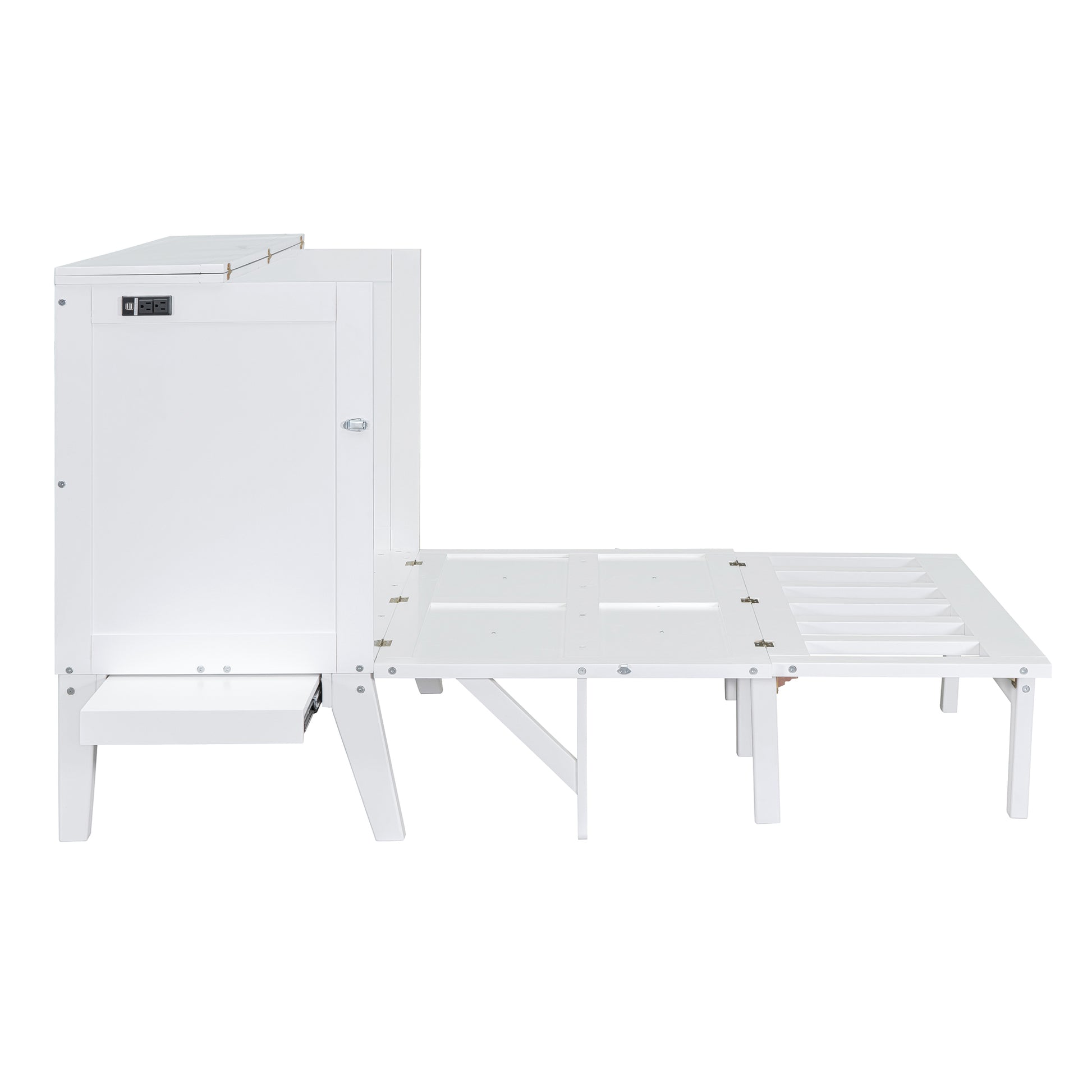 Full Size Murphy Bed With Usb Port And Removable Shelves On Each Side,White White Solid Wood Mdf