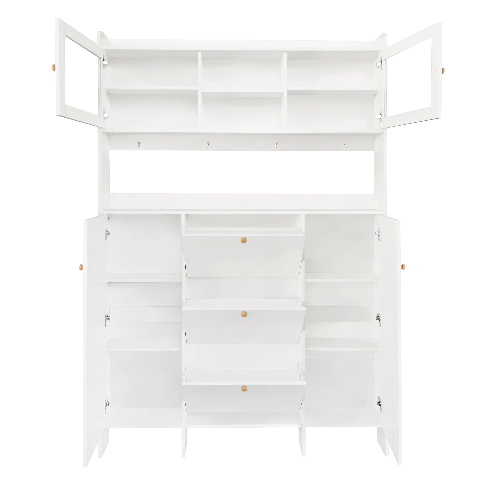 Contemporary Shoe Cabinet With Open Storage Platform, Tempered Glass Hall Tree With 3 Flip Drawers, Versatile Tall Cabinet With 4 Hanging Hooks For Hallway, White 3 4 Drawers White Primary Living Space Adjustable Shelves Particle Board