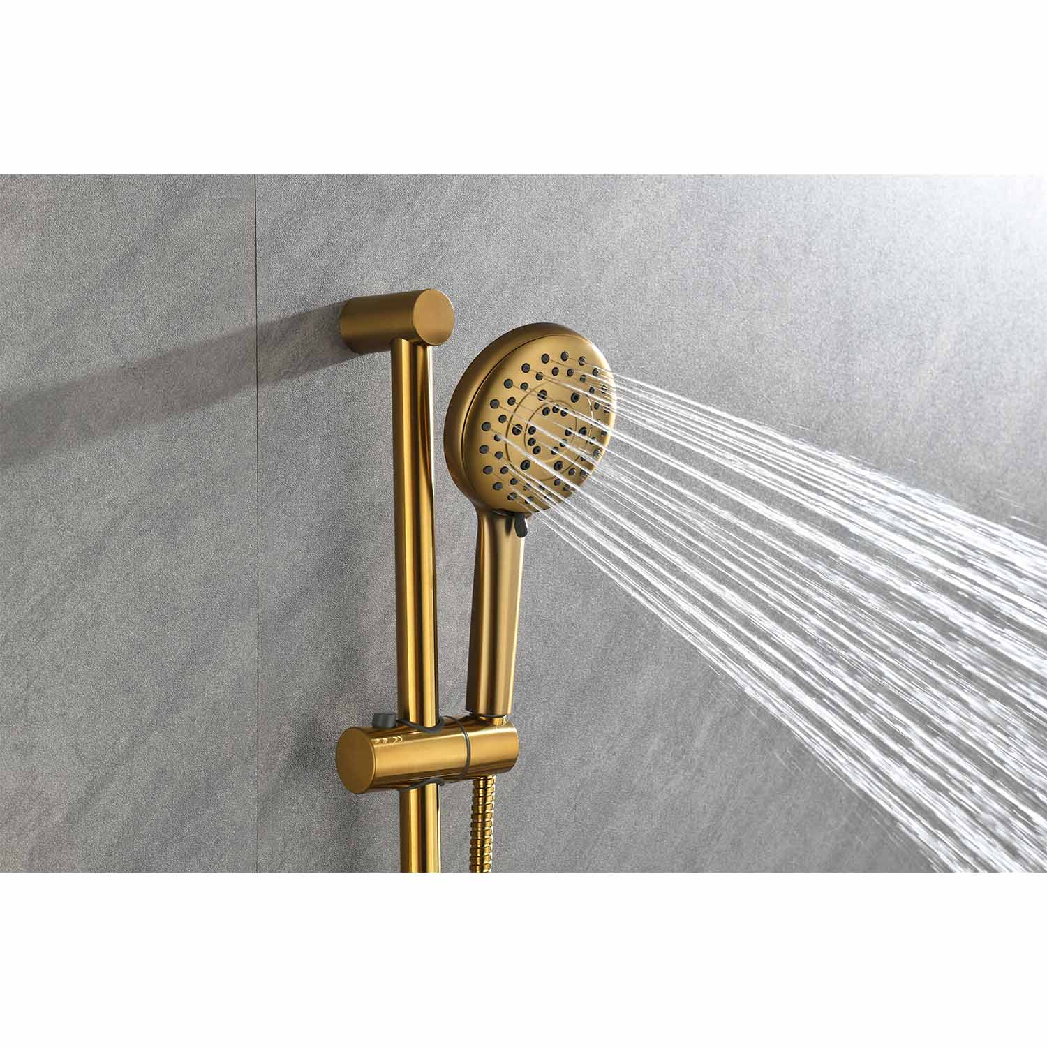 Shower System With Shower Head, Hand Shower, Slide Bar, Bodysprays, Shower Arm, Hose, Valve Trim, And Lever Handles Brushed Gold Wall Mounted Bathroom Brass