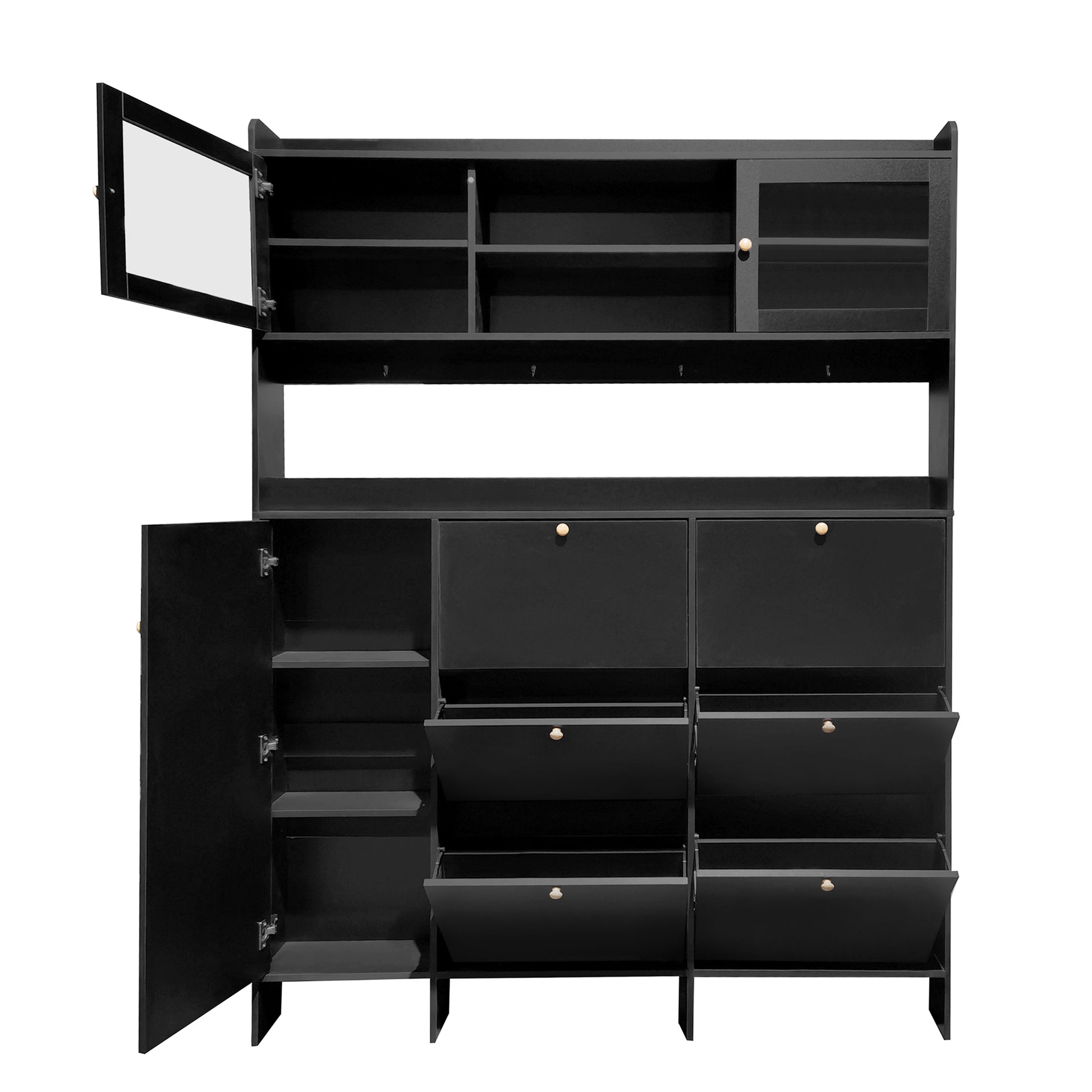 Multifunctional Shoe Cabinet With Storage Shelf & 6 Flip Drawers, Modern Large Hall Tree With Tempered Glass Doors, Elegant Foyer Cabinet With 4 Hooks For Hallway, Black 5 Or More Drawers Black Particle Board