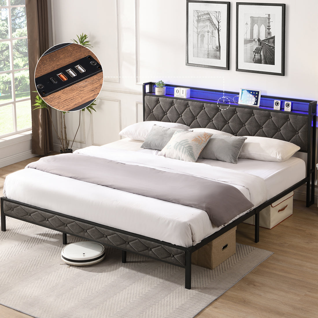 King Bed Frame With Storage Headboard, Charging Station And Led Lights, Upholstered Platform Bed With Heavy Metal Slats, No Box Spring Needed, Noise Free, Easy Assembly, Dark Gray Box Spring Not Required King Gray Metal Bedroom Bed Frame Metal