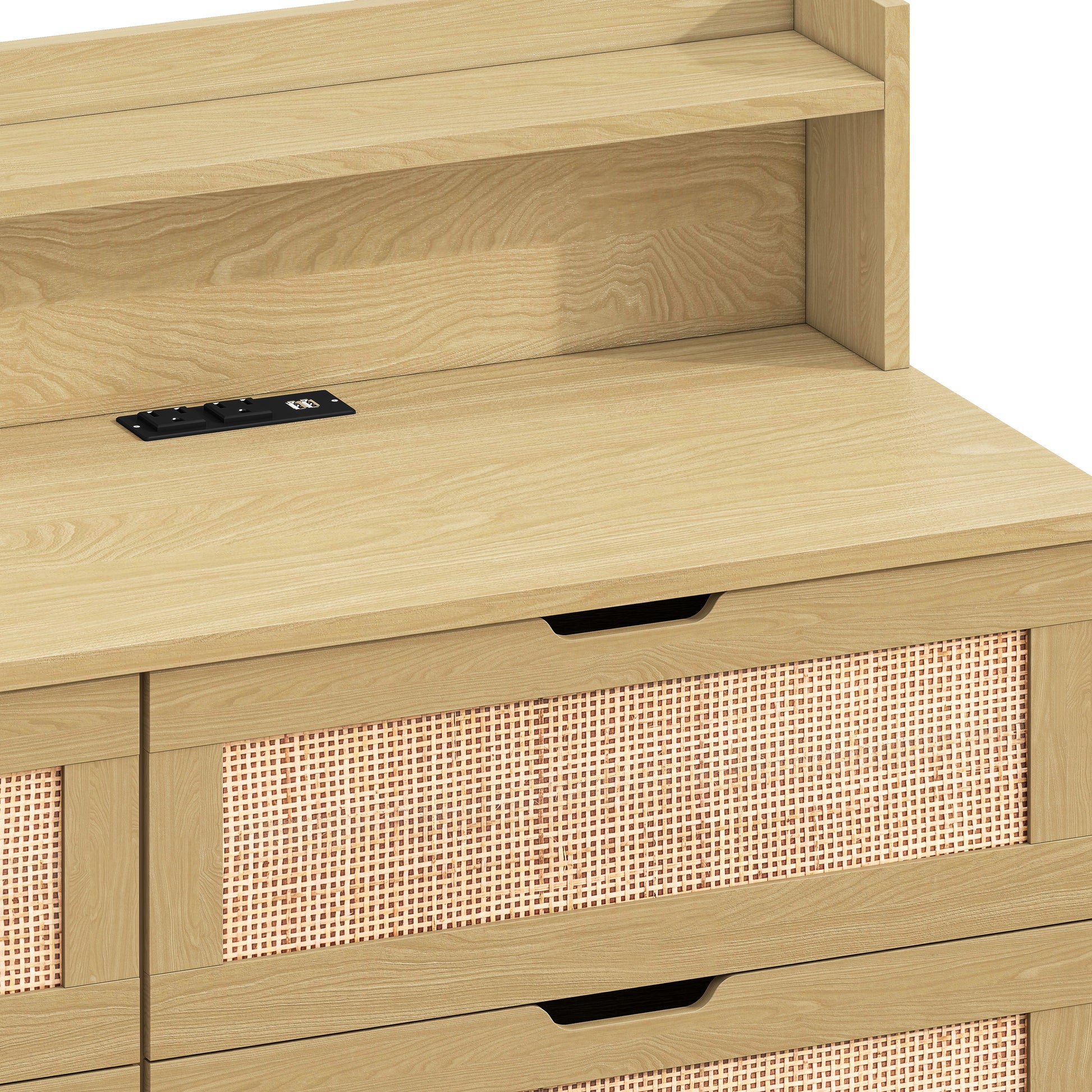 43.31"6 Drawers Rattan Storage Cabinet Rattan Drawer With Led Lights And Power Outlet,For Bedroom,Living Room,Natural Natural Particle Board