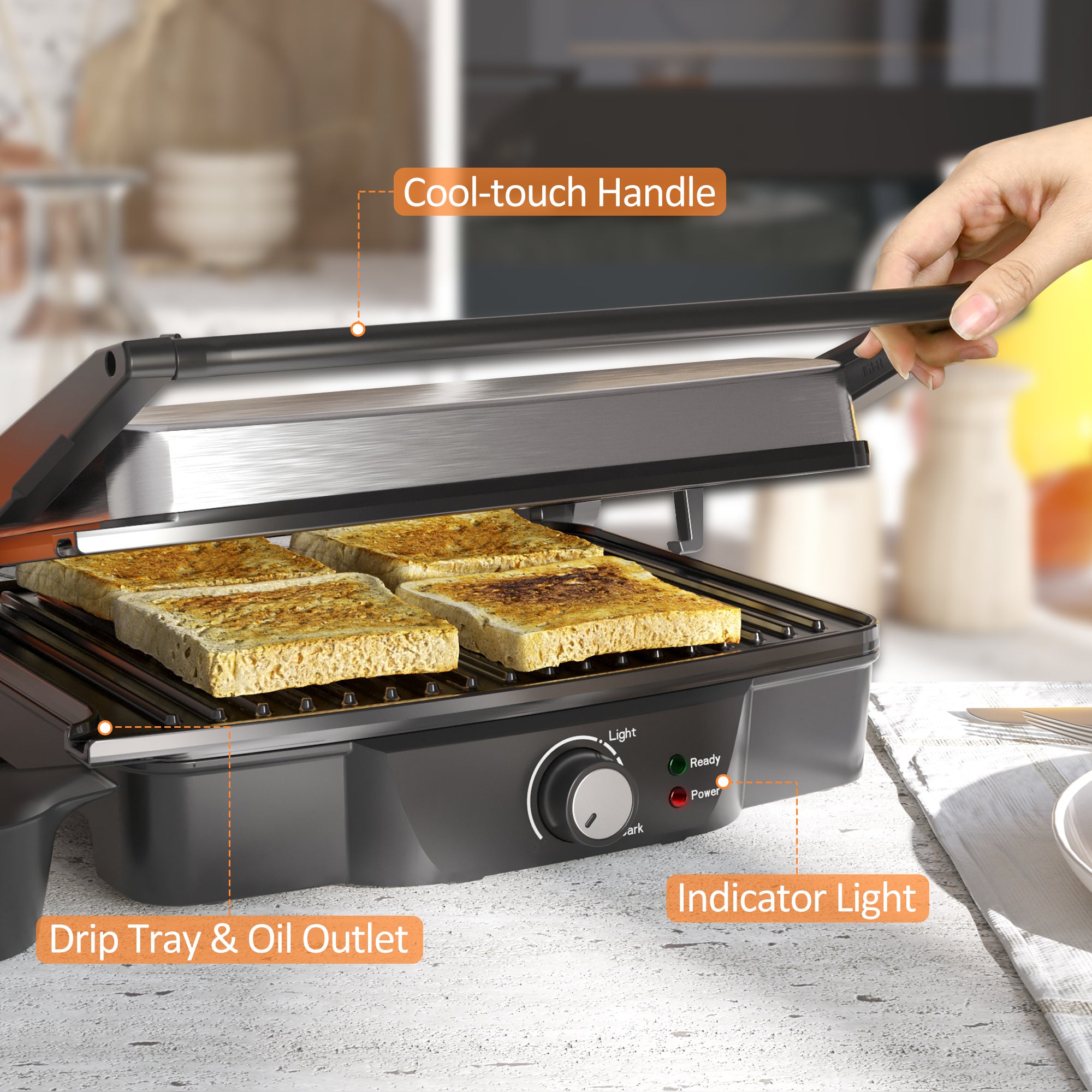 4 Slice Panini Press Grill, Stainless Steel