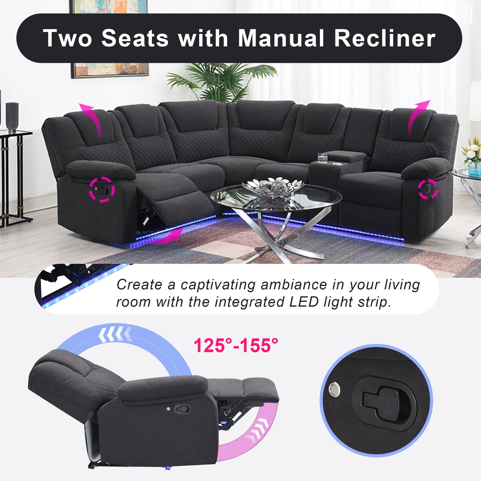 94.4" Home Theater Seating Modern Manual Recliner Sofa Chairs With Storage Box And Two Cup Holders For Living Room, Black Grey Black Grey Foam Velvet 5 Seat