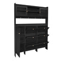 Multifunctional Shoe Cabinet With Storage Shelf & 6 Flip Drawers, Modern Large Hall Tree With Tempered Glass Doors, Elegant Foyer Cabinet With 4 Hooks For Hallway, Black 5 Or More Drawers Black Particle Board