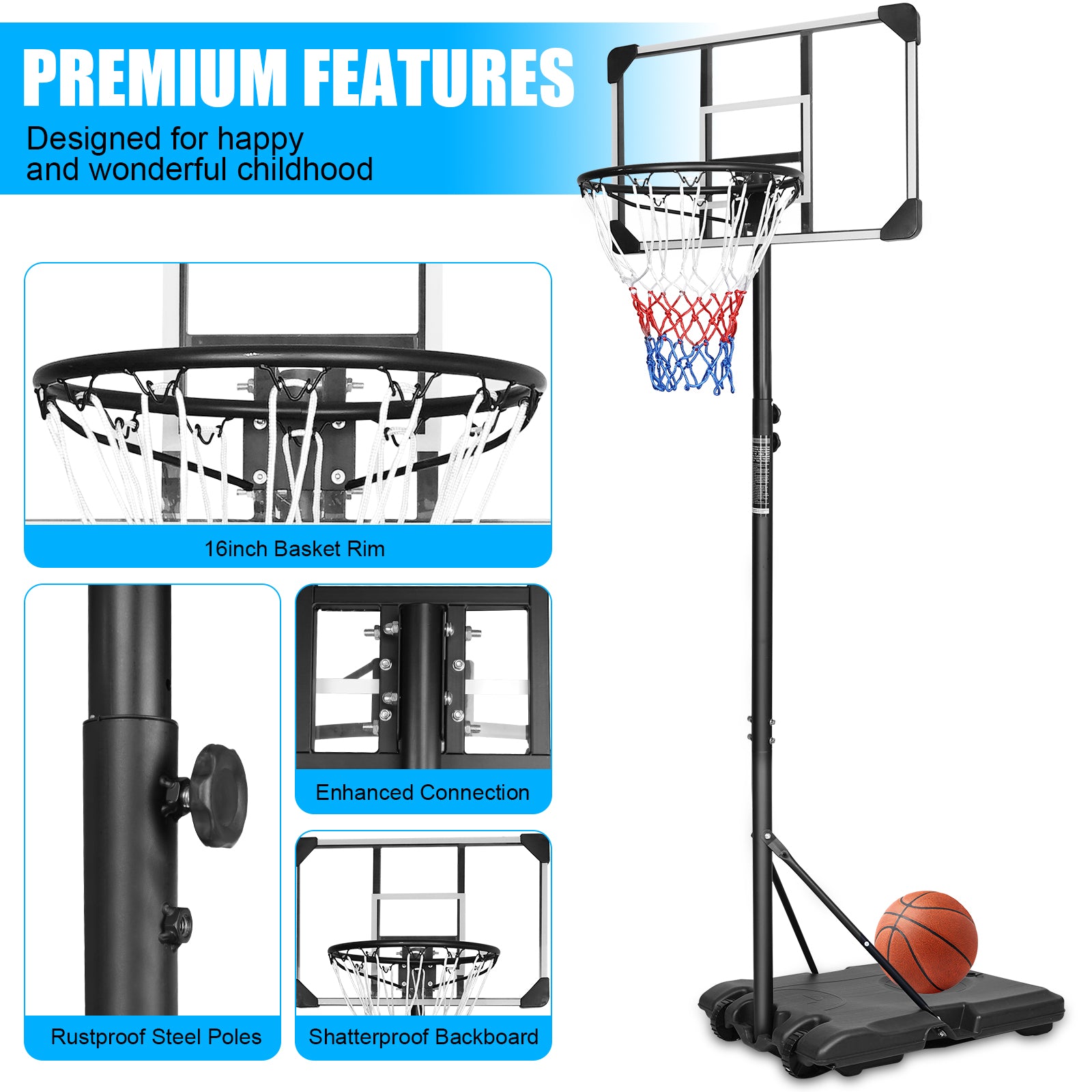 Basketball Goal Portable Basketball Hoop Indoor Outdoor Basketball Stand 5.6 7Ft Adjustable 28In Backboard With Wheels Balls Sports Black White Waterproof Garden & Outdoor Pe Rattan Iron Waterproof Fabric