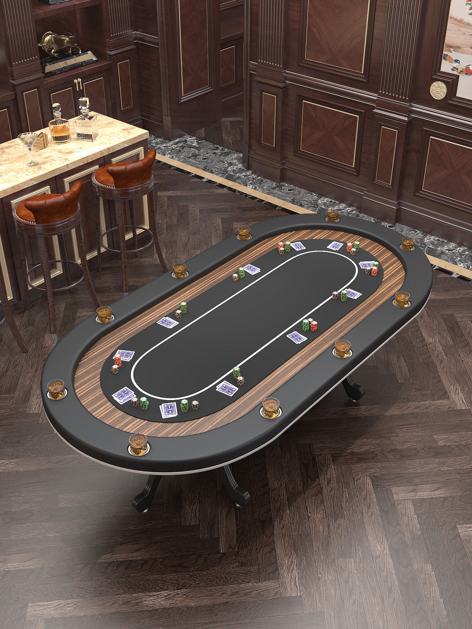 96" Oval Aura Casino Waterproof Felt Curved Legs Poker Table Black Wood