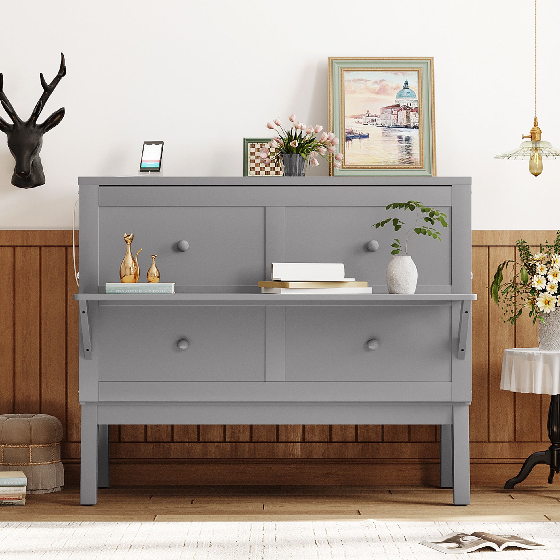 Full Size Murphy Bed With Usb Port And Removable Shelves On Each Side,Gray Gray Solid Wood Mdf