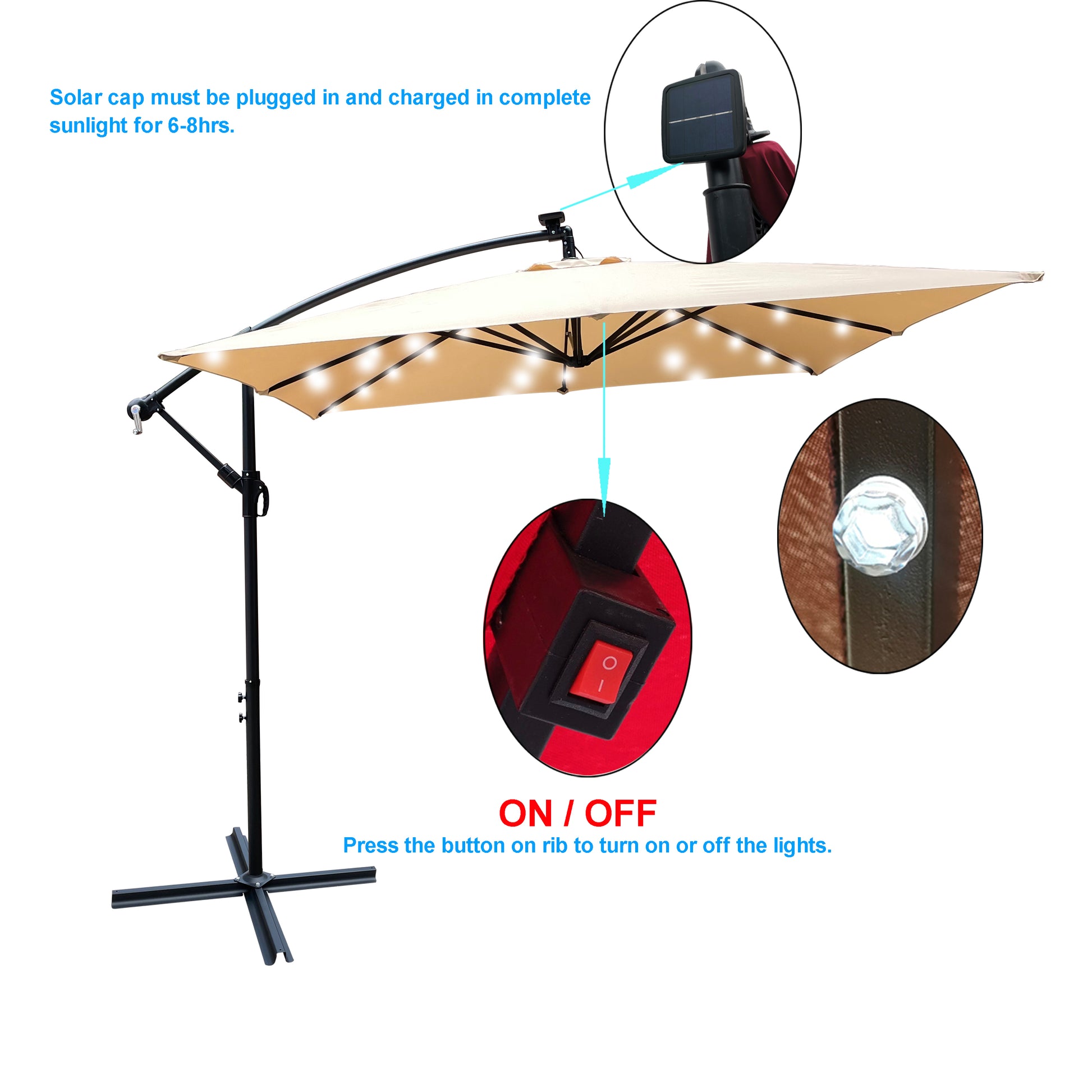 Square 2.5X2.5M Outdoor Patio Umbrella Solar Powered Led Lighted Sun Shade Market Waterproof 8 Ribs Umbrella With Crank And Cross Base For Garden Deck Backyard Pool Shade Outside Deck Swimming Pool