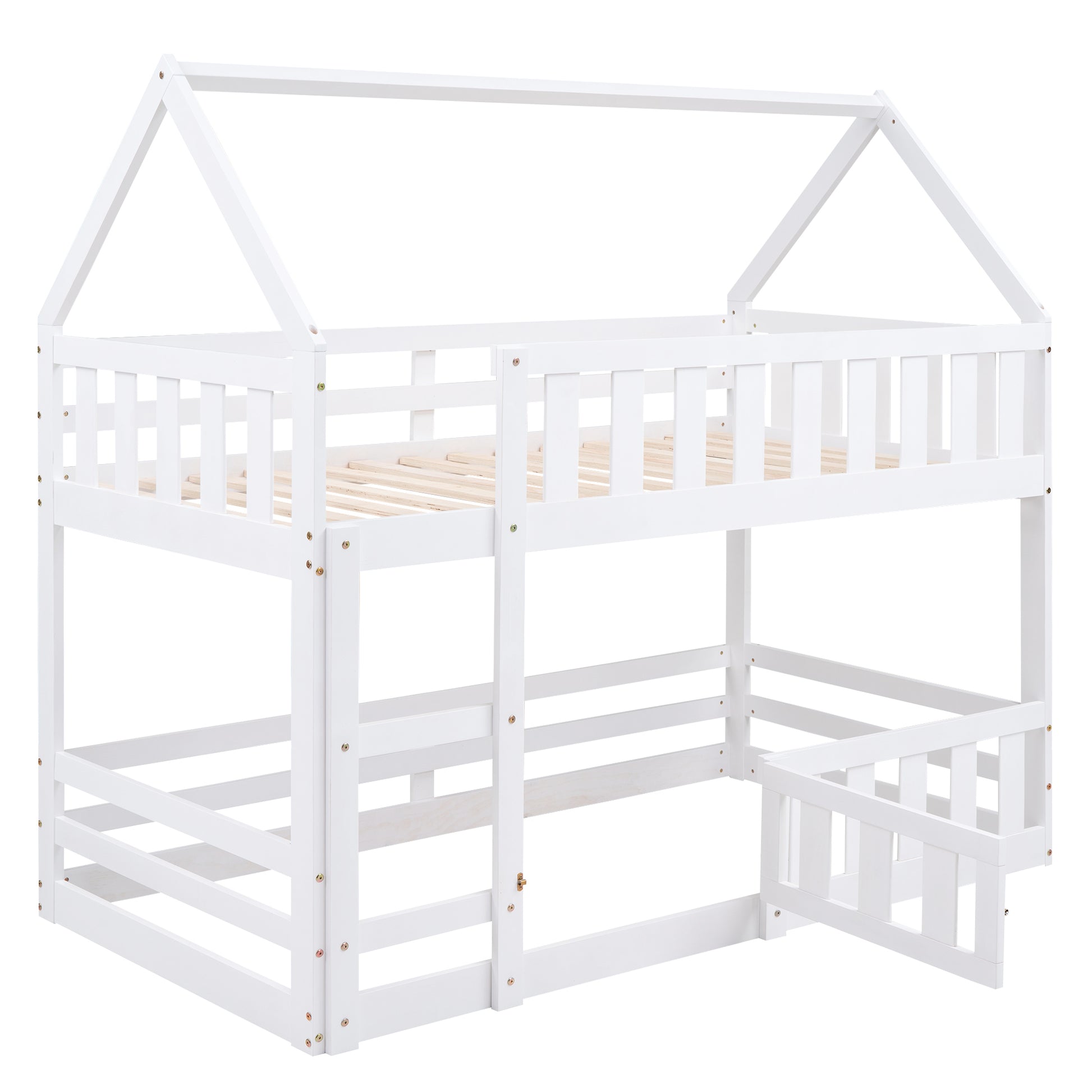 Twin Over Twin House Bunk Bed With Fence And Door, White Box Spring Not Required Twin White Wood Bedroom Bunk Solid Wood Mdf