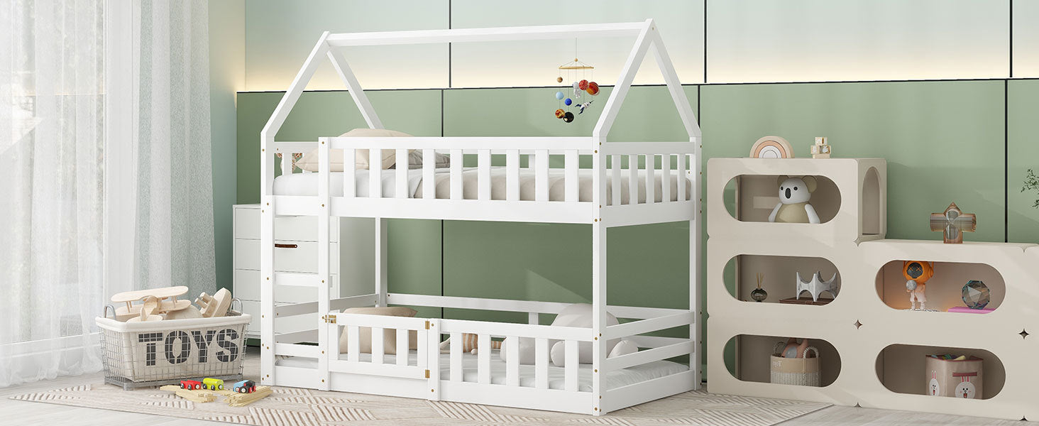 Twin Over Twin House Bunk Bed With Fence And Door, White Box Spring Not Required Twin White Wood Bedroom Bunk Solid Wood Mdf