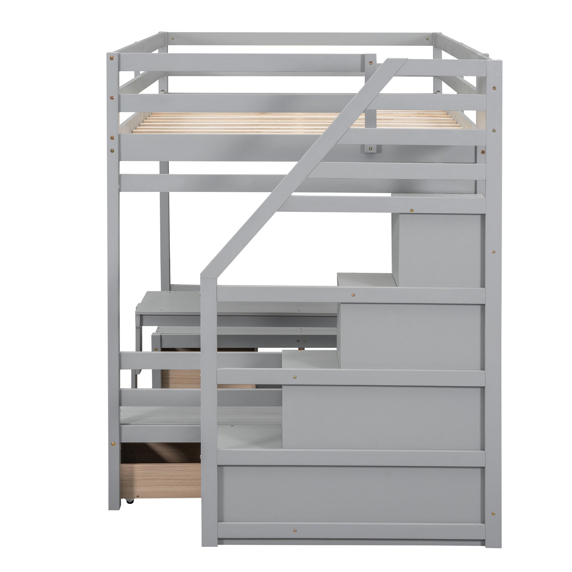 Full Over Full Size Bunk With Staircase,The Down Bed Can Be Convertible To Seats And Table Set,Gray Box Spring Not Required Full Gray Wood Bedroom Bunk Pine