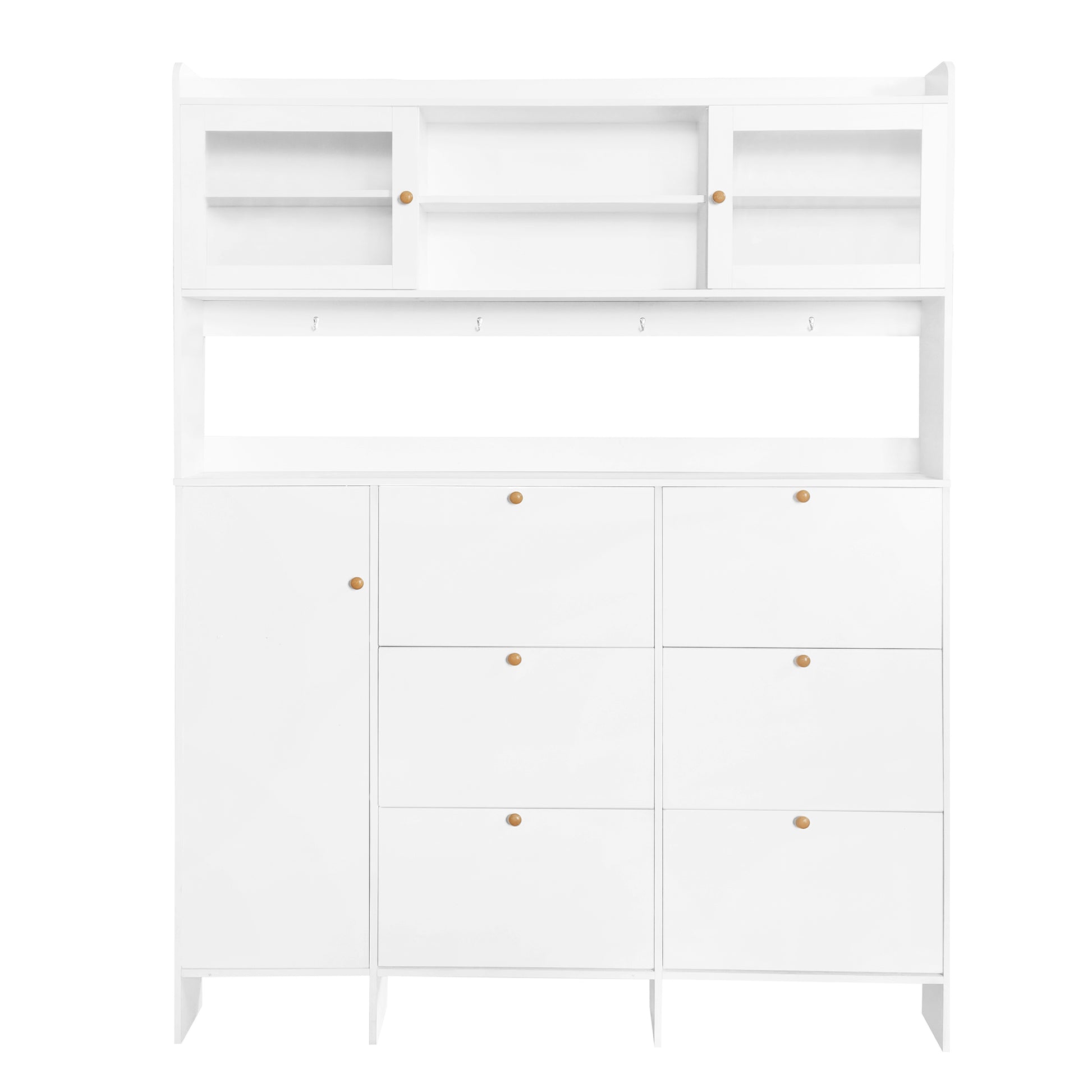 Multifunctional Shoe Cabinet With Storage Shelf & 6 Flip Drawers, Modern Large Hall Tree With Tempered Glass Doors, Elegant Foyer Cabinet With 4 Hooks For Hallway, White 5 Or More Drawers White Particle Board