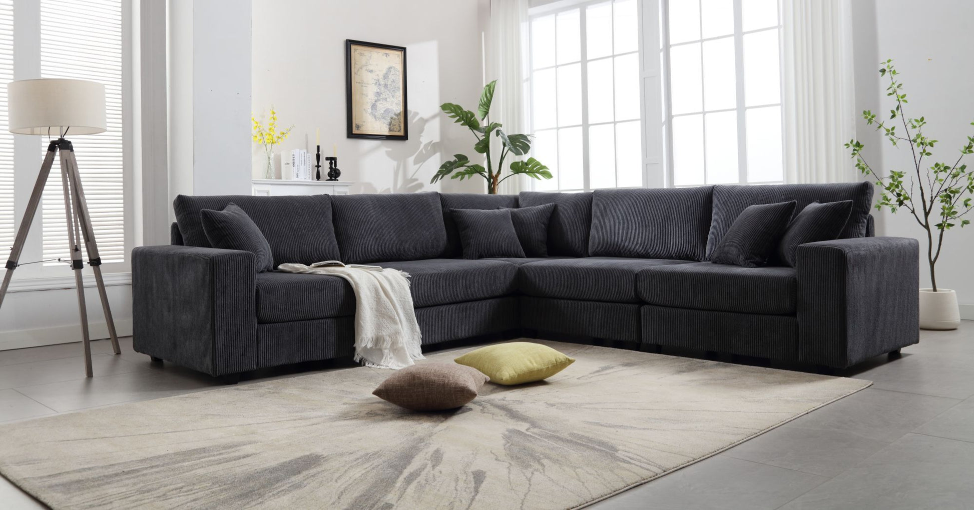 Oversized Length117.2''*Width 117.2'' Modular Sectional Sofa Couches Set ,Corduroy Upholstered Deep Seat Comfy Sofa For Living Room,Dark Gray Dark Gray Light Brown Polyester Wood Primary Living Space Medium Soft Cushion Back Modern Square Arms Wood 5