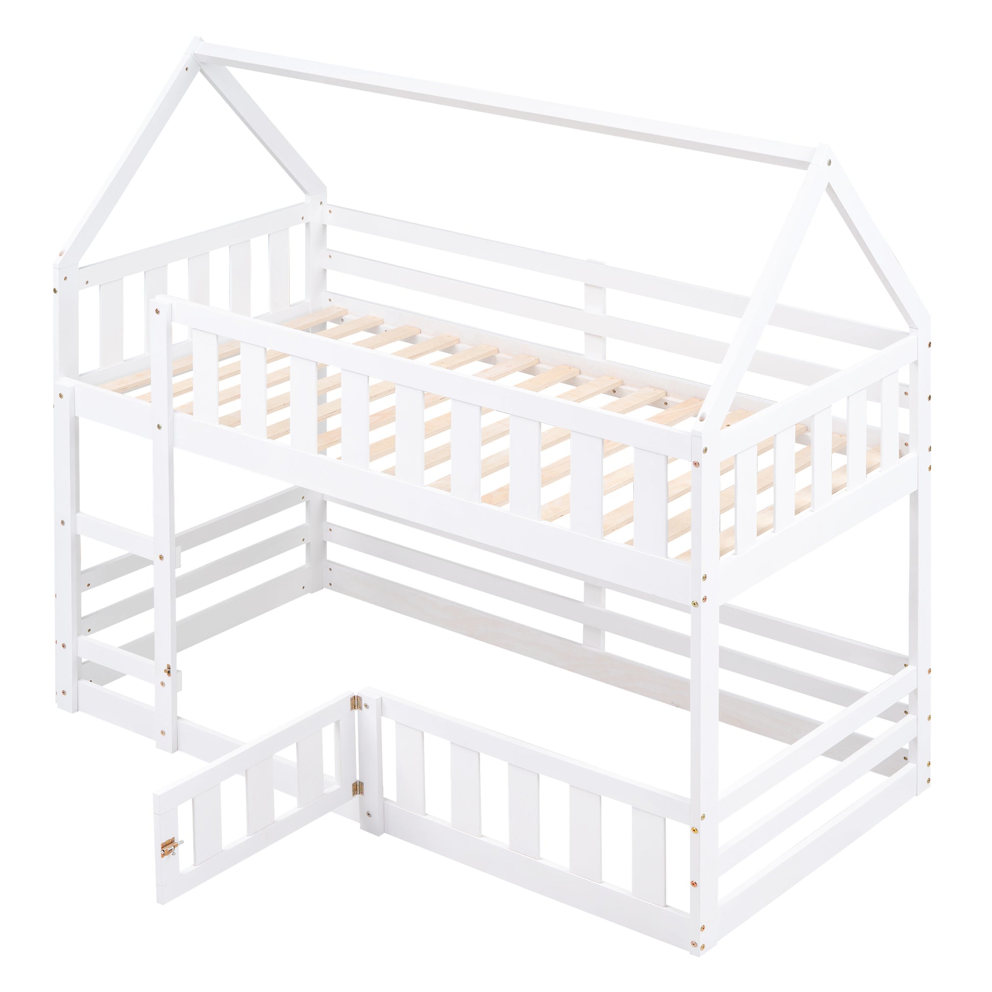 Twin Over Twin House Bunk Bed With Fence And Door, White Box Spring Not Required Twin White Wood Bedroom Bunk Solid Wood Mdf