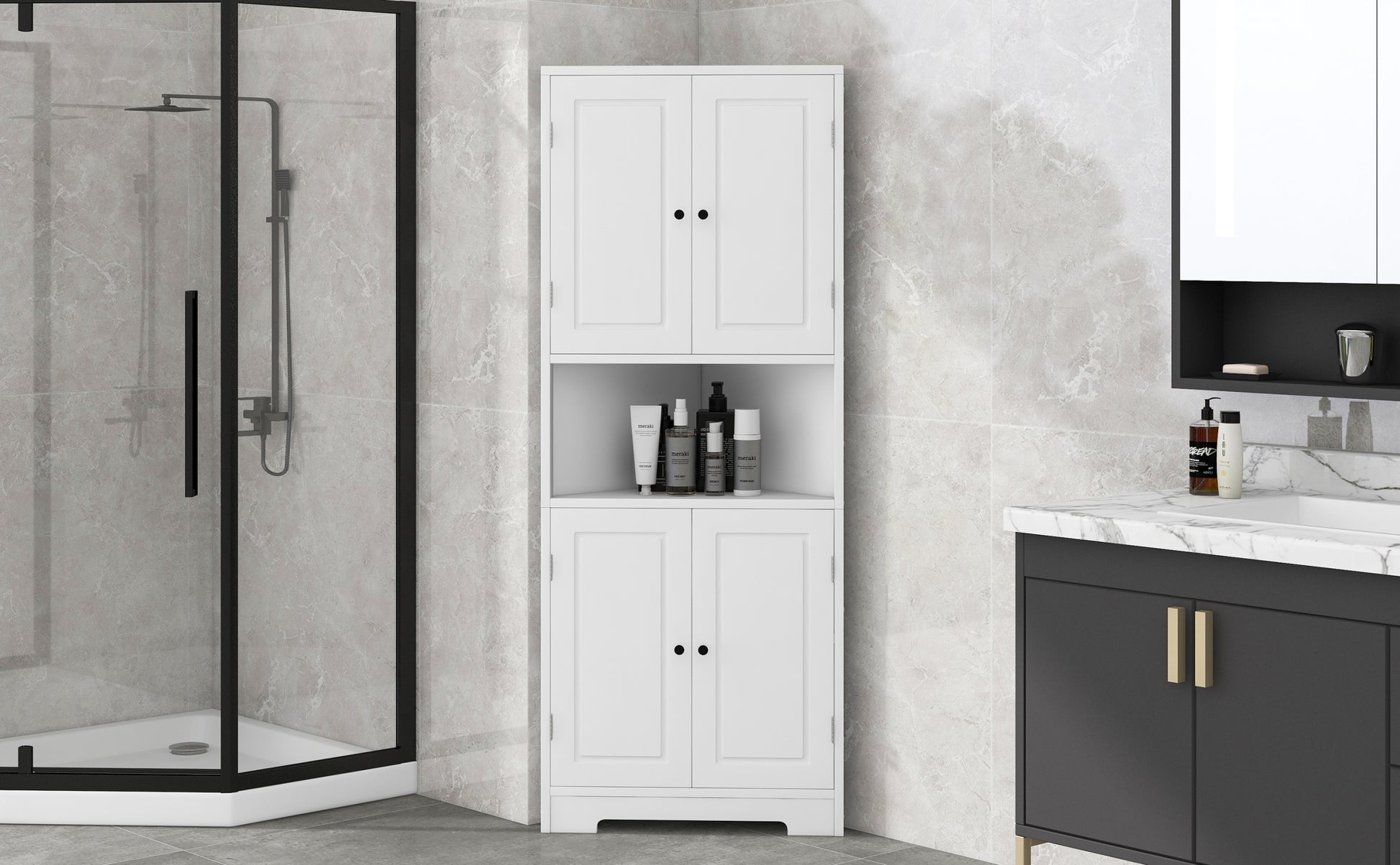 Tall Bathroom Storage Cabinet, Corner Cabinet with white-mdf