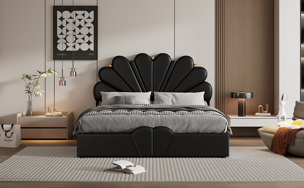 Queen Size Upholstered Petal Shaped Platform Bed With Hydraulic Storage System, Pu Storage Bed, Decorated With Metal Balls, Black Black Pu