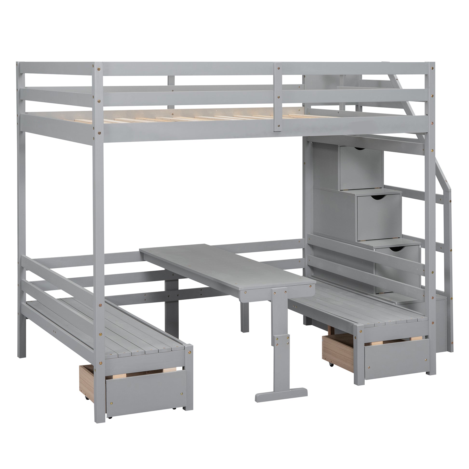 Full Over Full Size Bunk With Staircase,The Down Bed Can Be Convertible To Seats And Table Set,Gray Box Spring Not Required Full Gray Wood Bedroom Bunk Pine