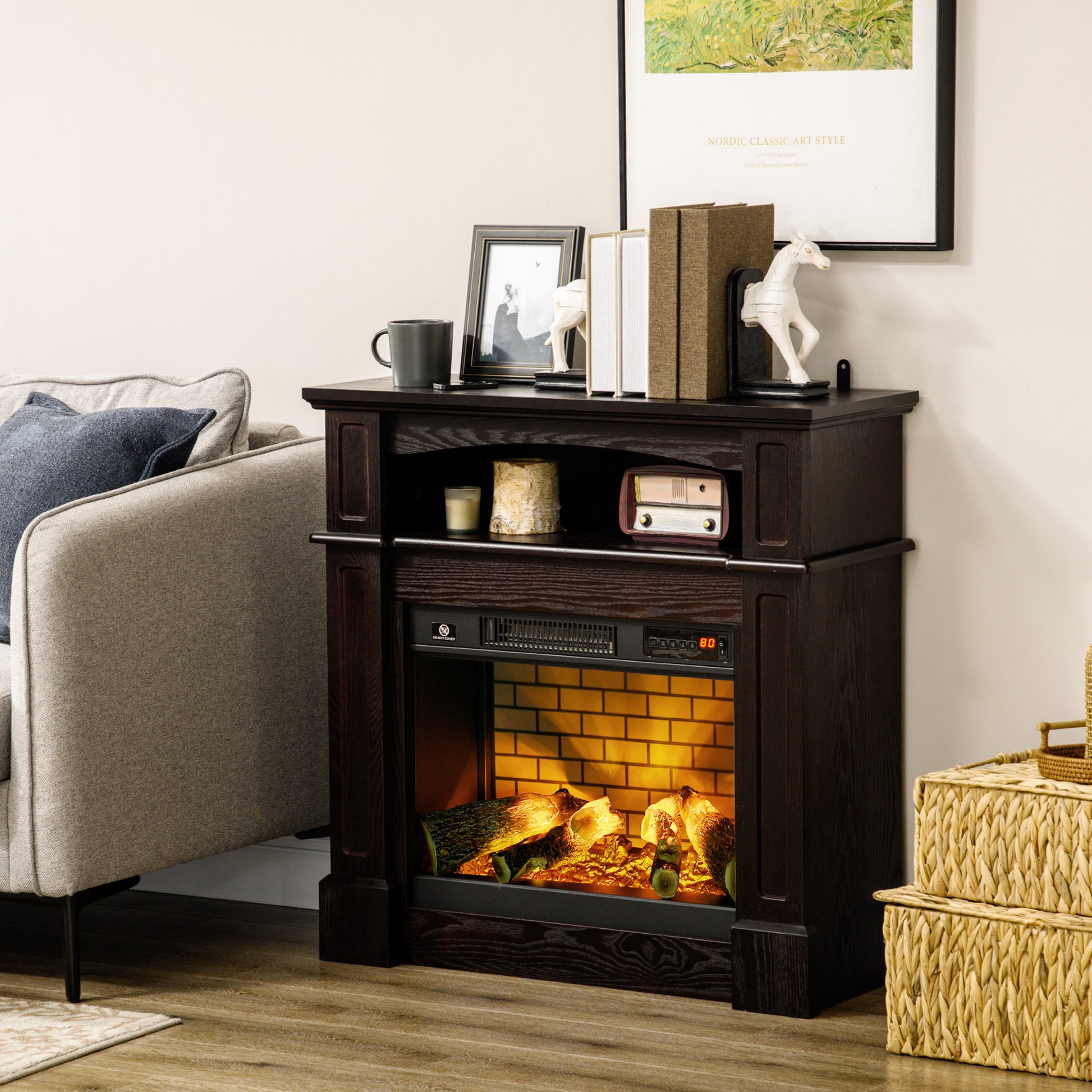 32" Electric Fireplace With Mantel, Freestanding Heater With Led Log Flame, Shelf And Remote Control, 700W 1400W, Brown Brown Steel