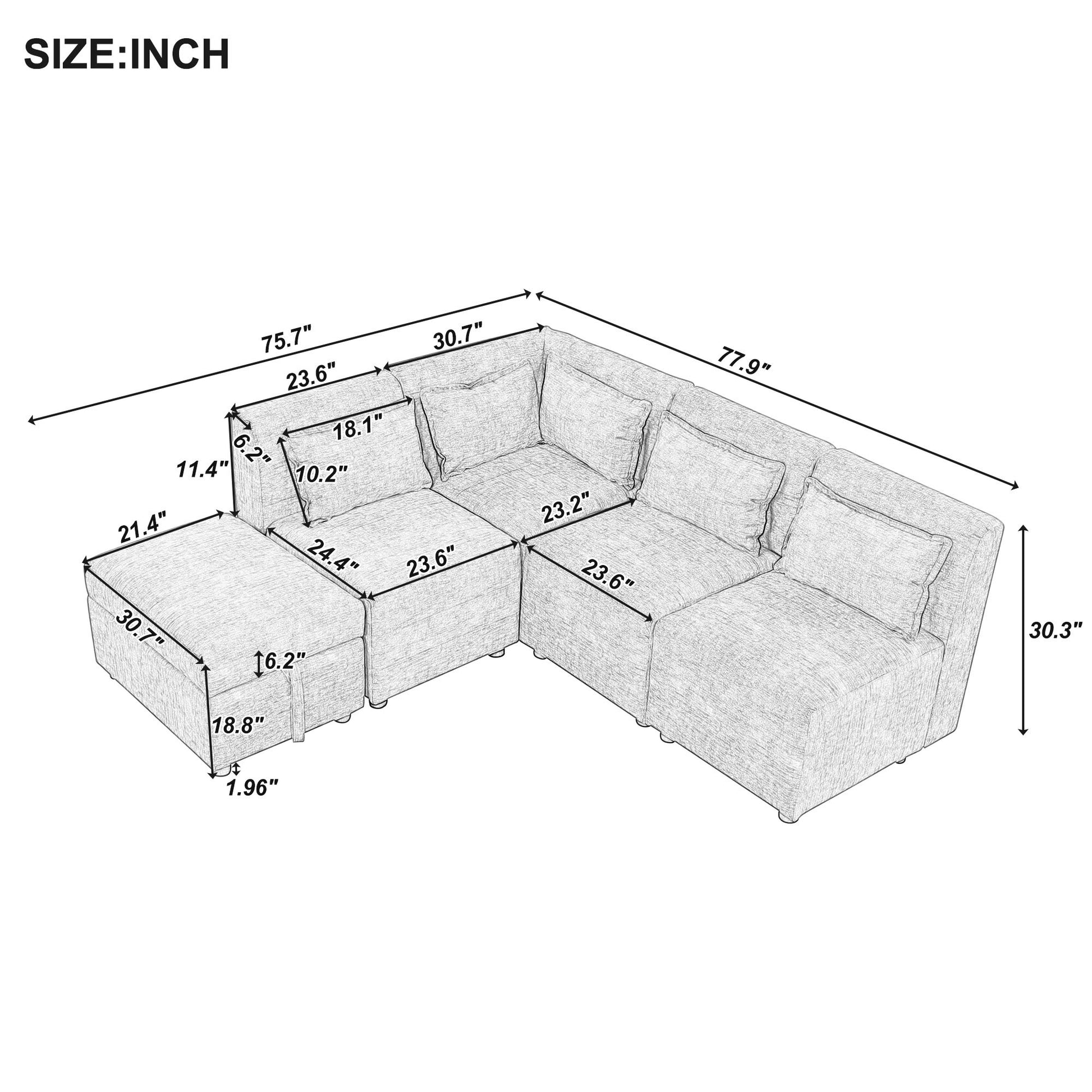 Free Combined Sectional Sofa 5 Seater Modular Couches With Storage Ottoman, 5 Pillows For Living Room, Bedroom, Office, Blue Green Blue Green Foam Chenille