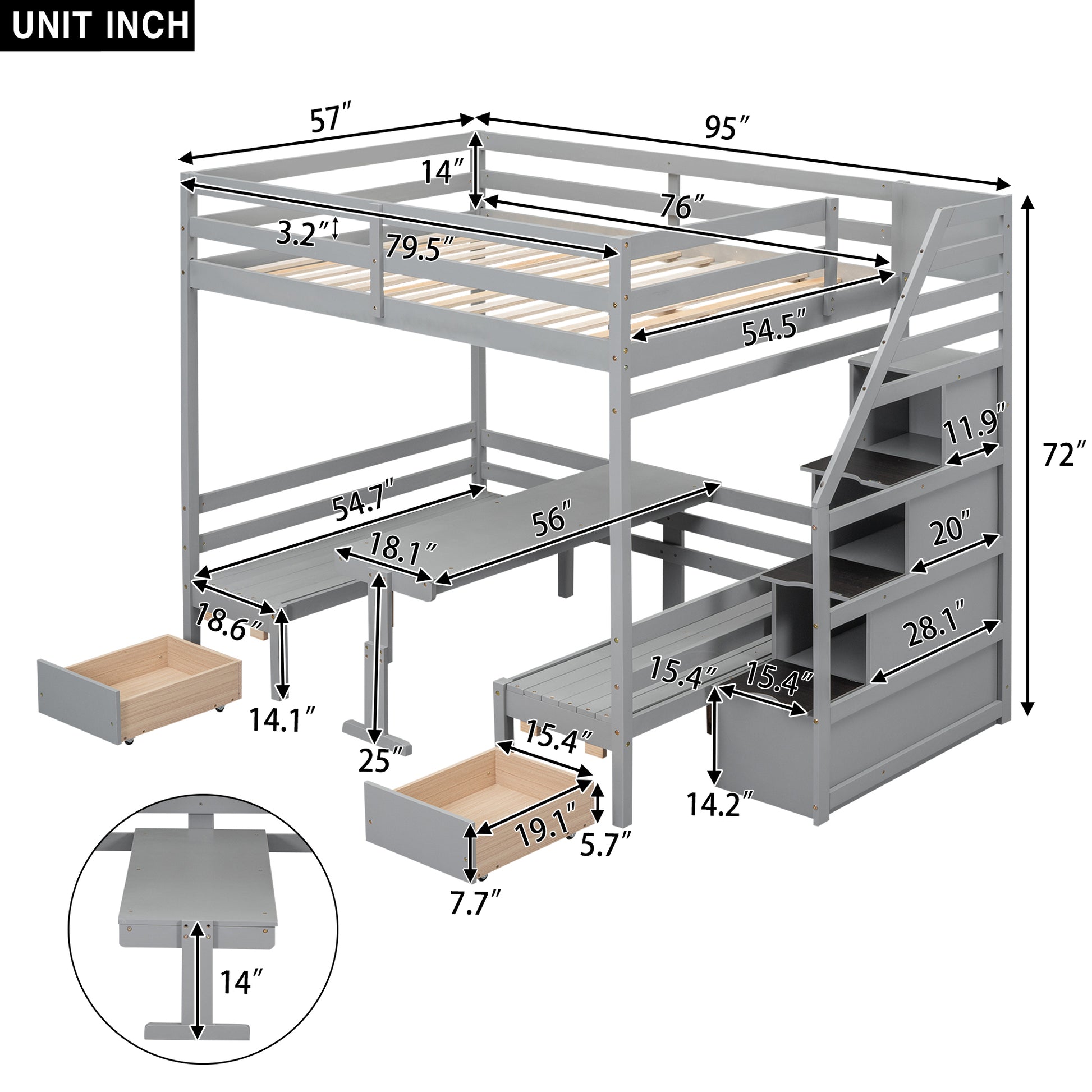 Full Over Full Size Bunk With Staircase,The Down Bed Can Be Convertible To Seats And Table Set,Gray Box Spring Not Required Full Gray Wood Bedroom Bunk Pine