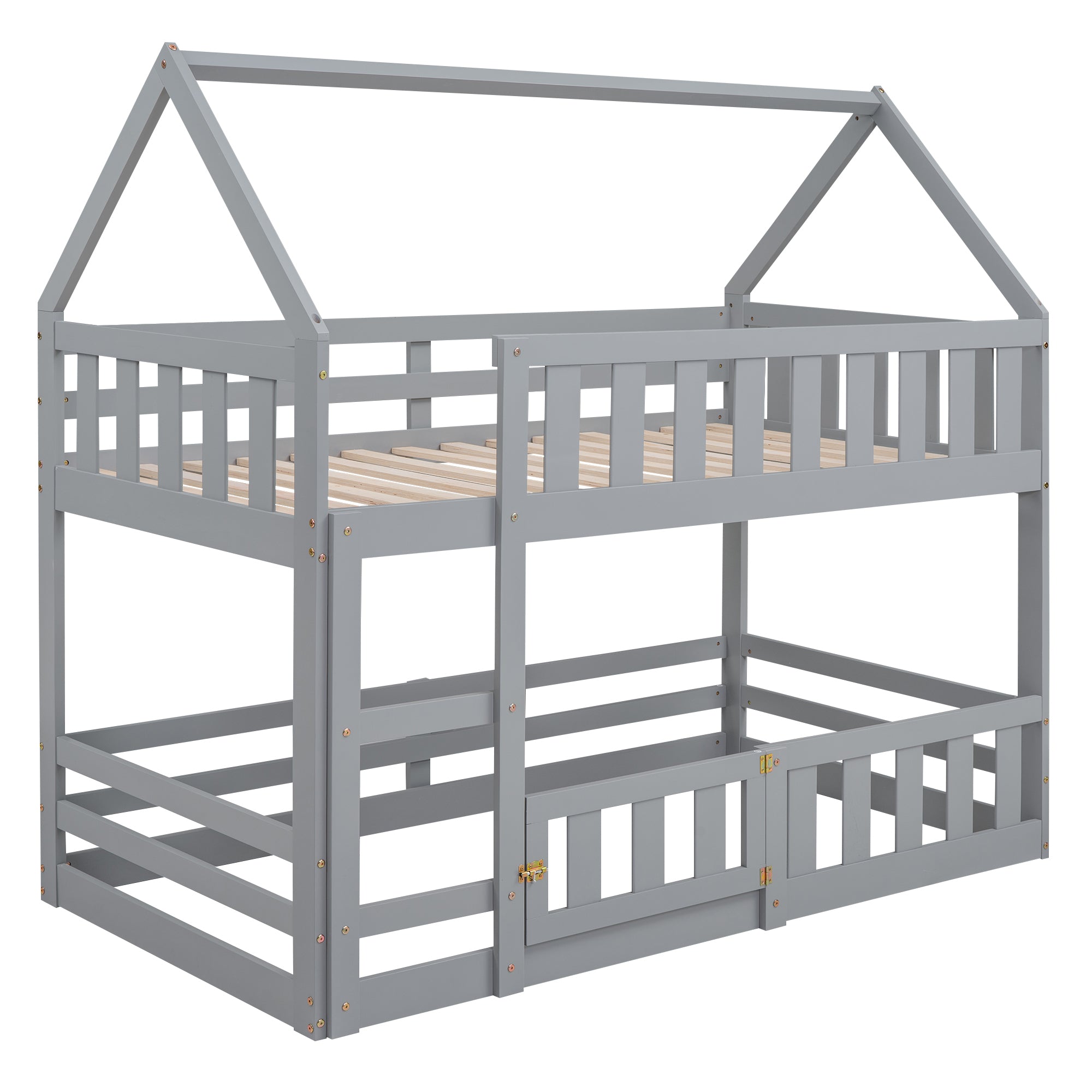 Twin over Twin House Bunk Bed with Fence and Door, box spring not