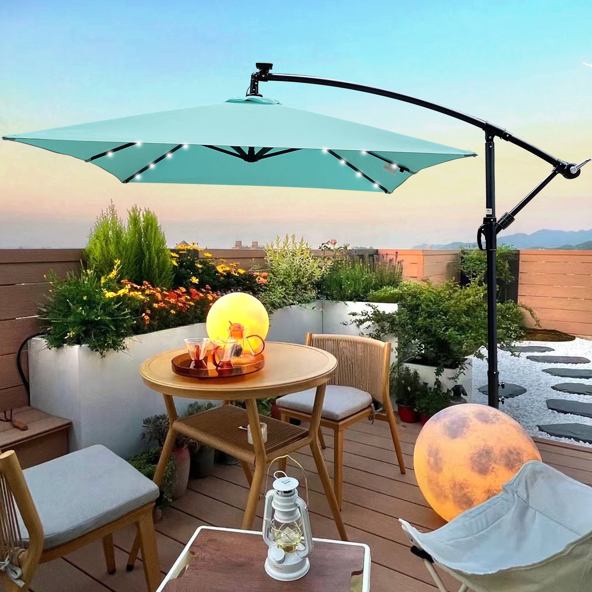 Rectangle 2X3M Outdoor Patio Umbrella Solar Powered Led Lighted Sun Shade Market Waterproof 6 Ribs Umbrella With Crank And Cross Base For Garden Deck