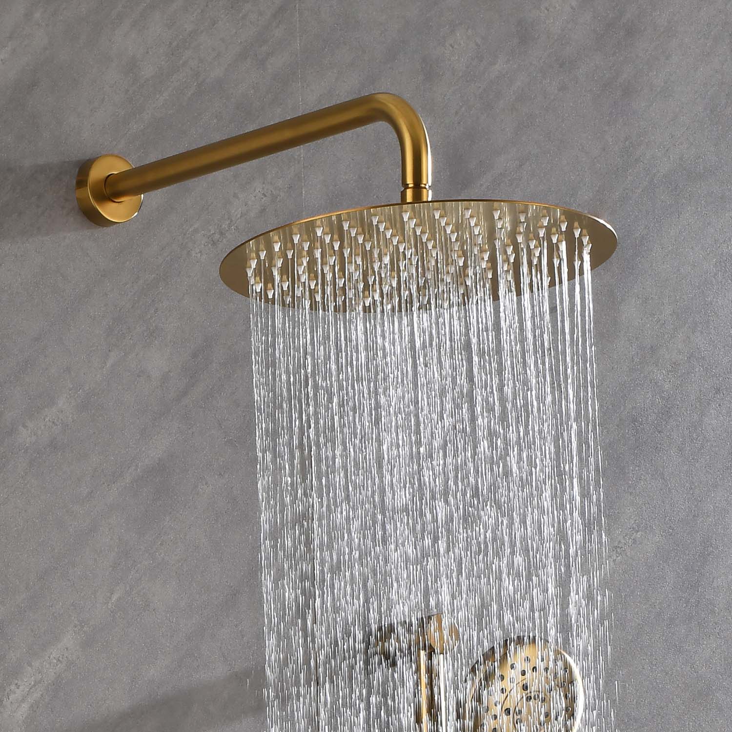 Shower System With Shower Head, Hand Shower, Slide Bar, Bodysprays, Shower Arm, Hose, Valve Trim, And Lever Handles Brushed Gold Wall Mounted Bathroom Brass