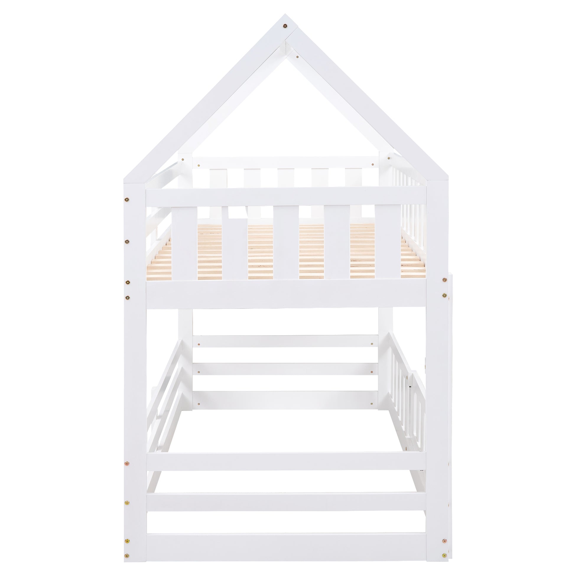 Twin Over Twin House Bunk Bed With Fence And Door, White Box Spring Not Required Twin White Wood Bedroom Bunk Solid Wood Mdf