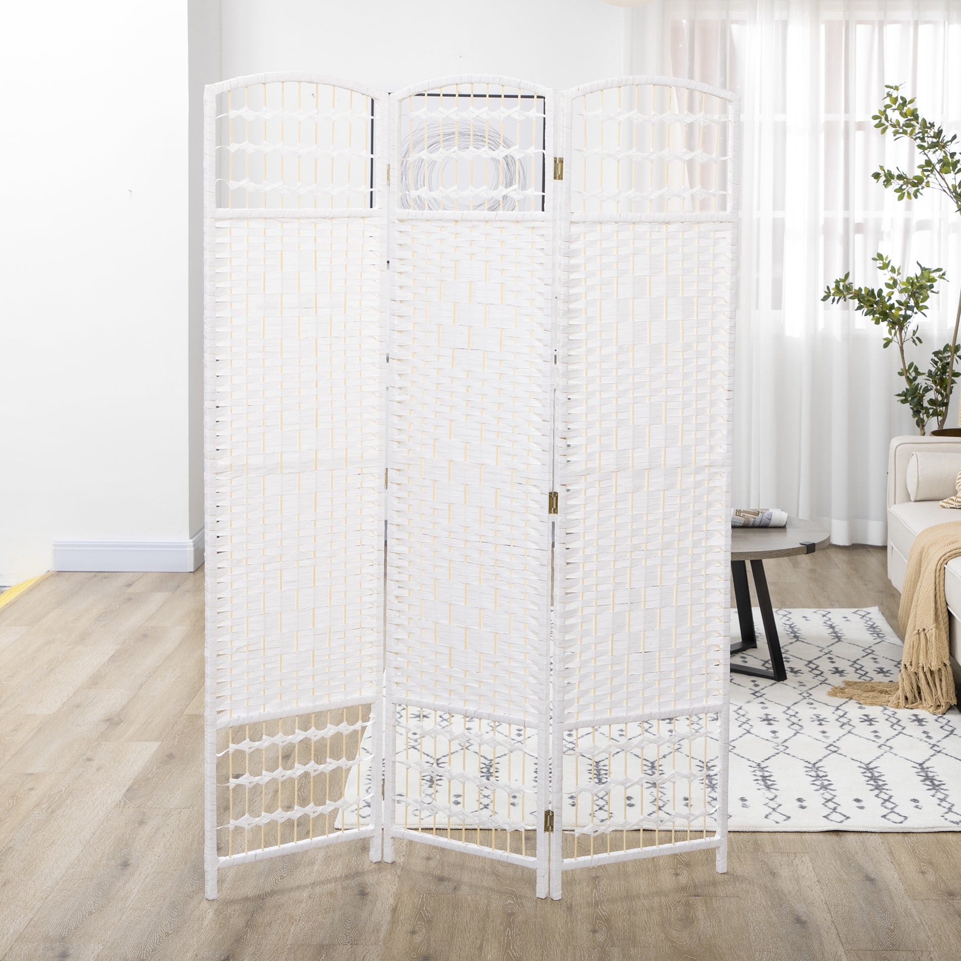 3 Panel Room Divider, Folding Privacy Screen, 5.6' Room Separator, Wave Fiber Freestanding Partition Wall Divider For Rooms, Home, Office, White White Paper