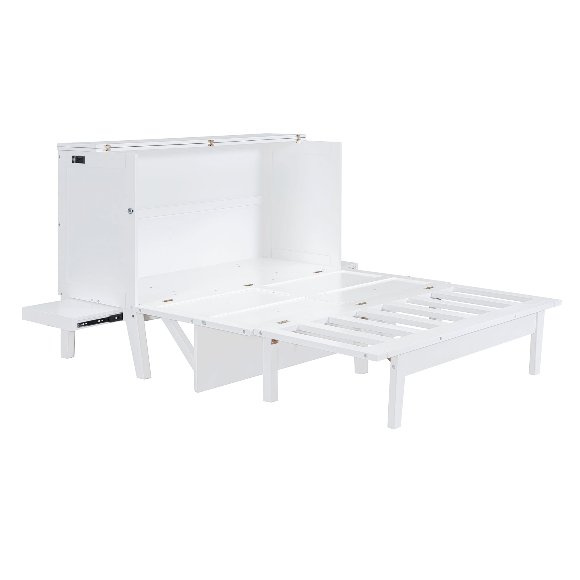 Queen Size Murphy Bed With Usb Port And Removable Shelves On Each Side,White White Solid Wood Mdf