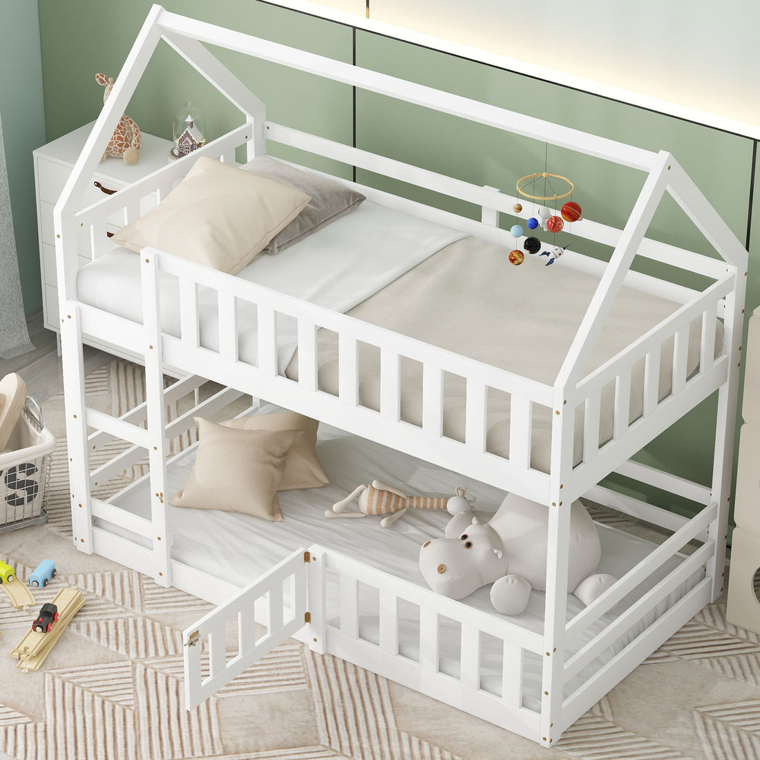 Twin Over Twin House Bunk Bed With Fence And Door, White Box Spring Not Required Twin White Wood Bedroom Bunk Solid Wood Mdf