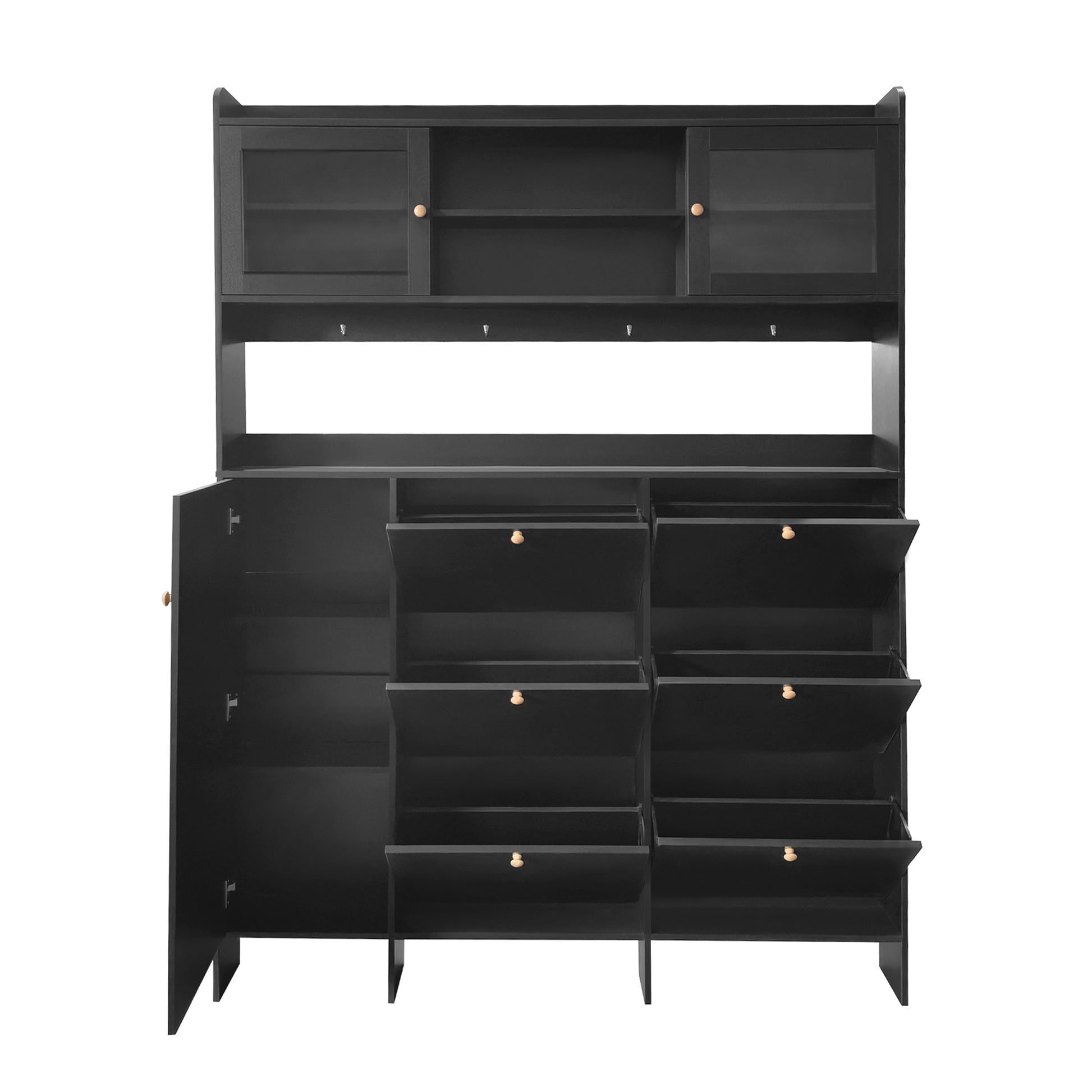 Multifunctional Shoe Cabinet With Storage Shelf & 6 Flip Drawers, Modern Large Hall Tree With Tempered Glass Doors, Elegant Foyer Cabinet With 4 Hooks For Hallway, Black 5 Or More Drawers Black Particle Board