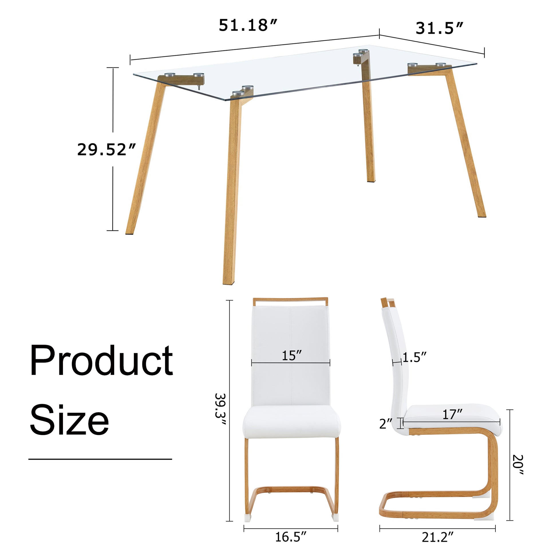 Table And Chair Set. 1 Table And 4 White Chairs. Glass Dining Table With 0.31 "Tempered Glass Tabletop And Metal Legs. Pu Leather High Back Upholstered Chair With Wood Color C Tube Metal Leg.1123 1162 Transparent Glass