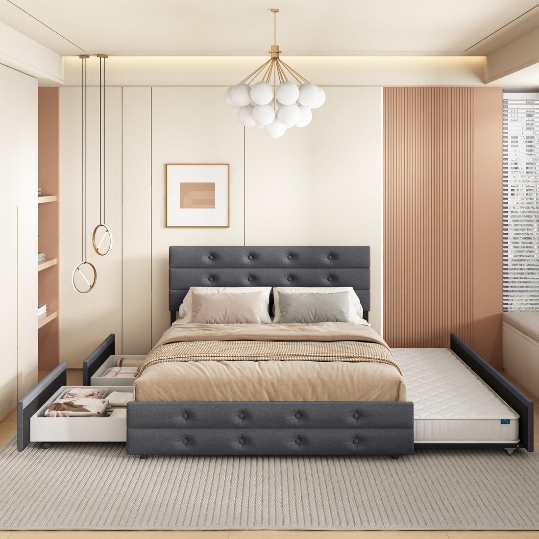 Queen Size Upholstered Linen Fabric Trundle Bed With Drawers Grey Box Spring Not Required Queen Grey Wood Bedroom American Design Bed Frame Linen Linen