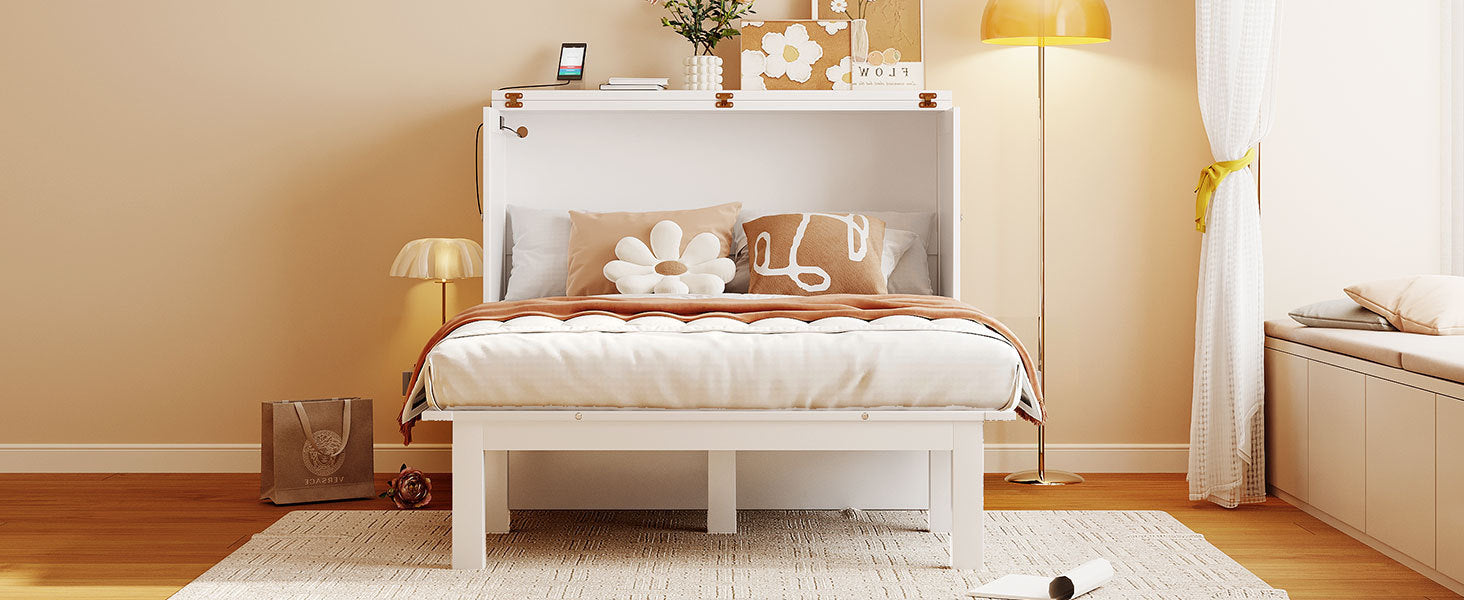 Full Size Murphy Bed With Usb Port And Removable Shelves On Each Side,White White Solid Wood Mdf