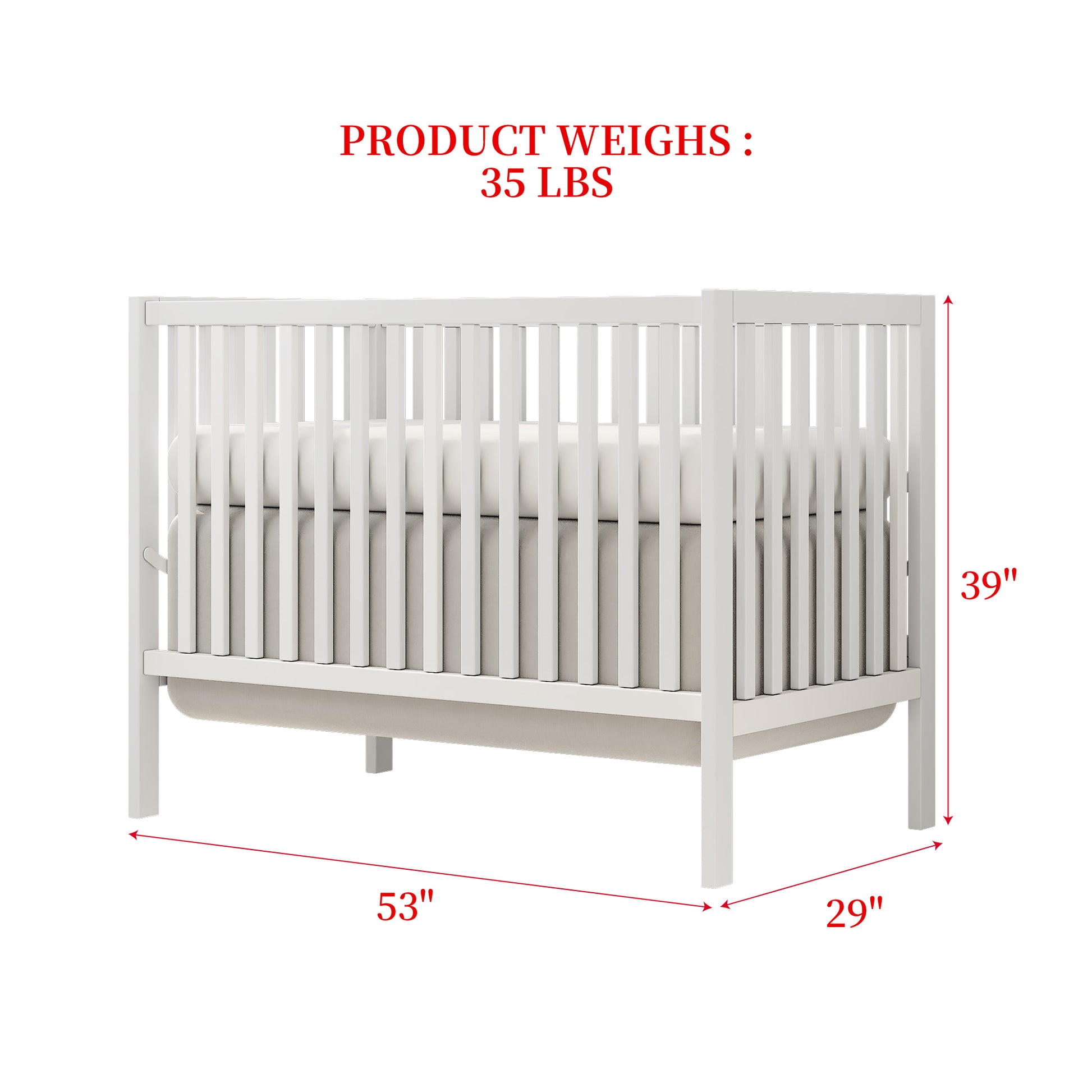 5 In 1 Convertible Crib, Converts From Baby Crib To Toddler Bed, Fits Standard Full Size Crib Mattress ,Easy To Assemble 53*29*9 Inches White White Classic Pine Wood