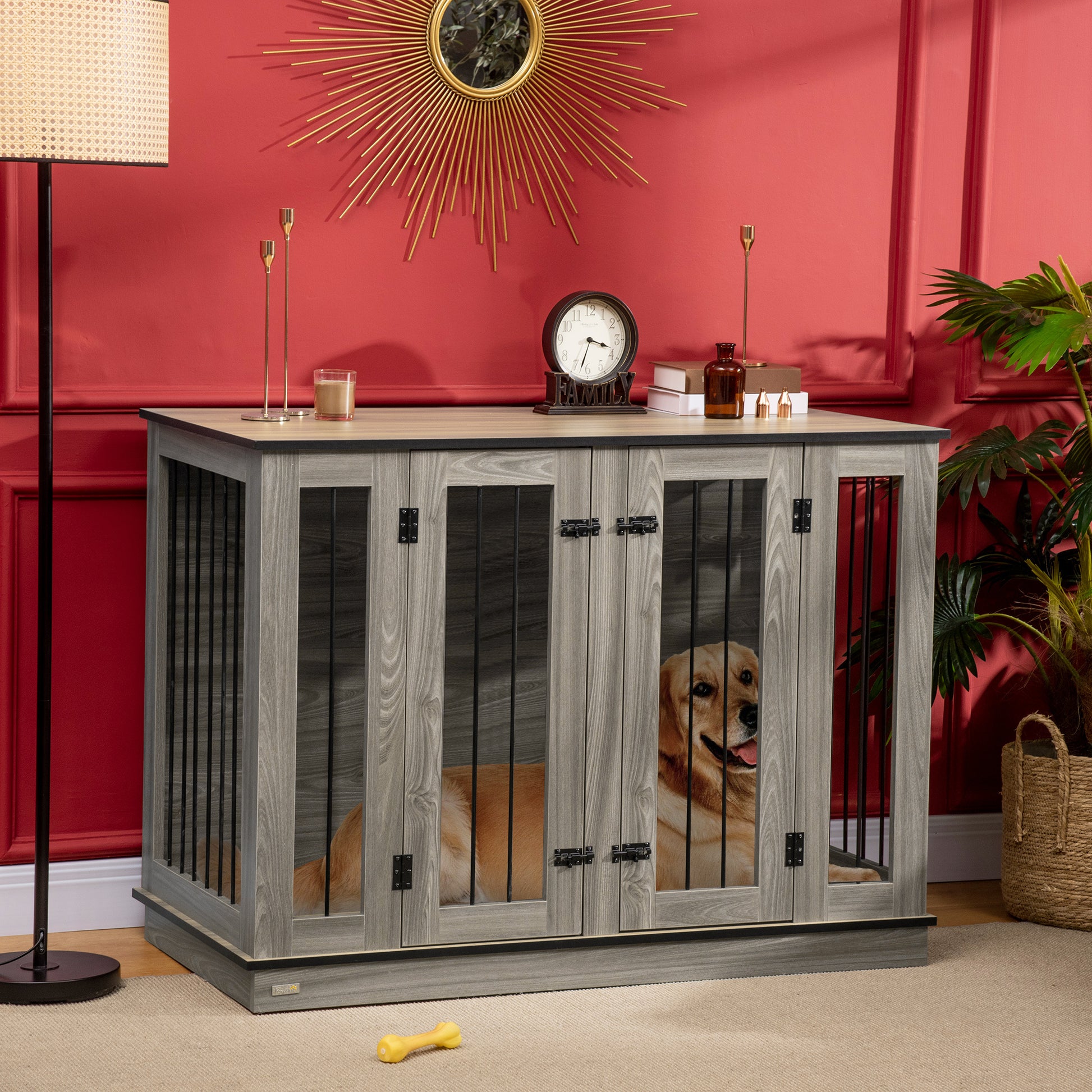 Large Furniture Style Dog Crate With Removable Panel Dark Walnut Natural Steel