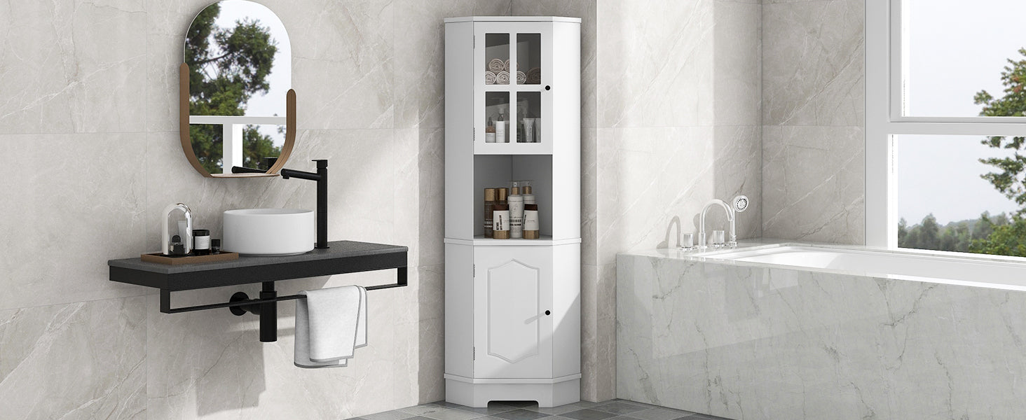 Tall Bathroom Storage Cabinet, Corner Cabinet with white-mdf