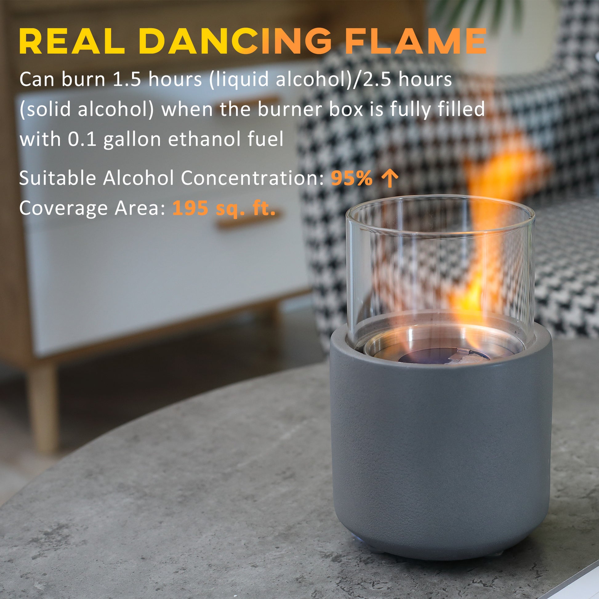Tabletop Fireplace, Mini Concrete Ethanol Fire Bowl With Lid, Burns Up With Liquid Alcohol And Solid Tablet Alcohol, Light Grey Light Grey Stainless Steel