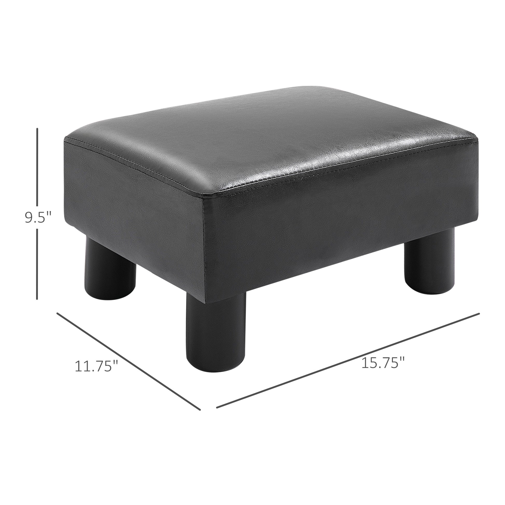 Ottoman Foot Rest, Small Foot Stool With Faux Leather Upholstery, Rectangular Ottoman Footrest With Padded Foam Seat And Plastic Legs, Bright Black Black Faux Leather