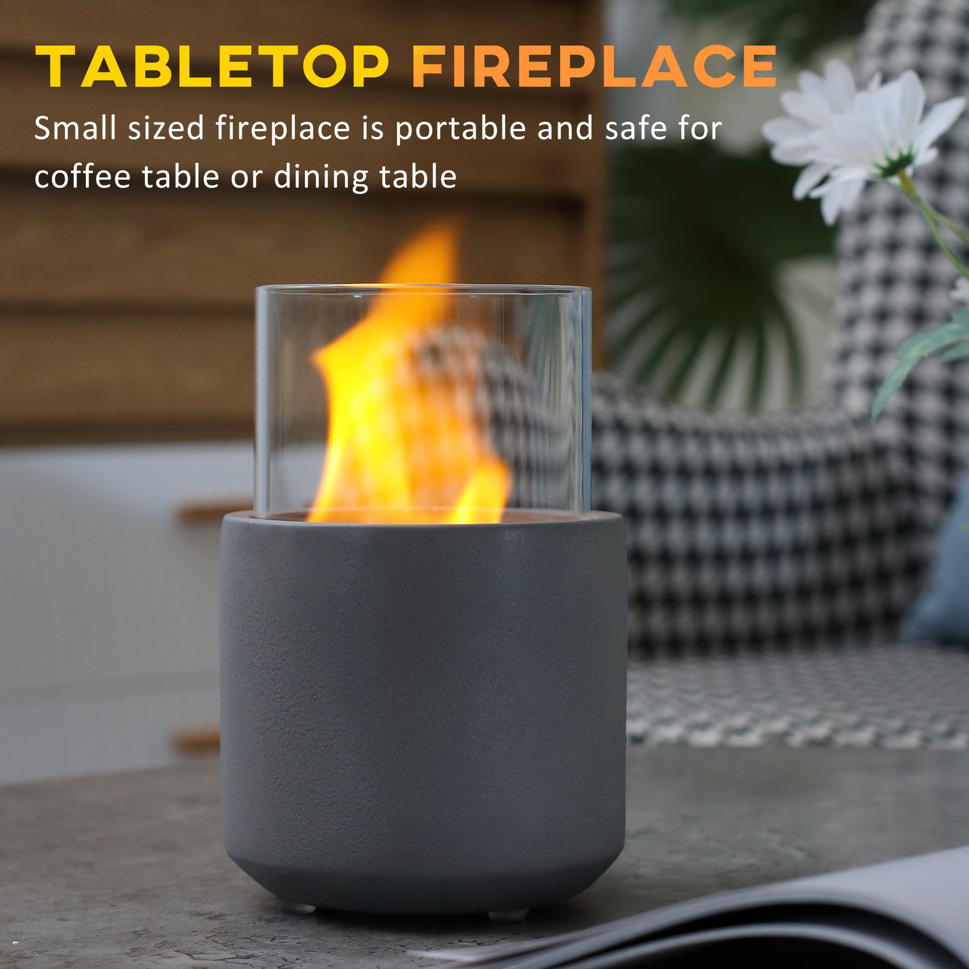 Tabletop Fireplace, Mini Concrete Ethanol Fire Bowl With Lid, Burns Up With Liquid Alcohol And Solid Tablet Alcohol, Light Grey Light Grey Stainless Steel