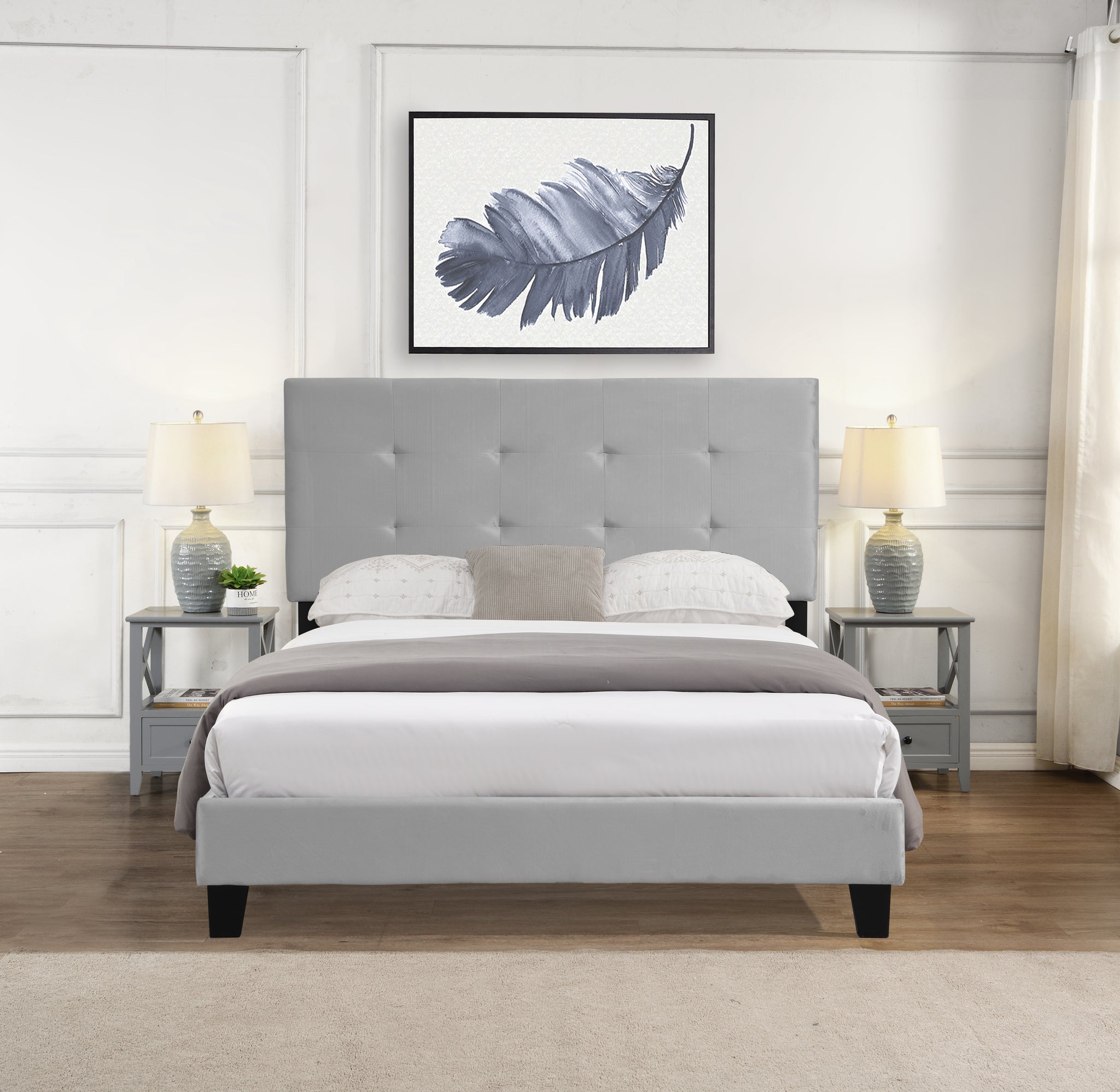 Queen Size Upholstered Platform Bed Frame with pull gray-velvet