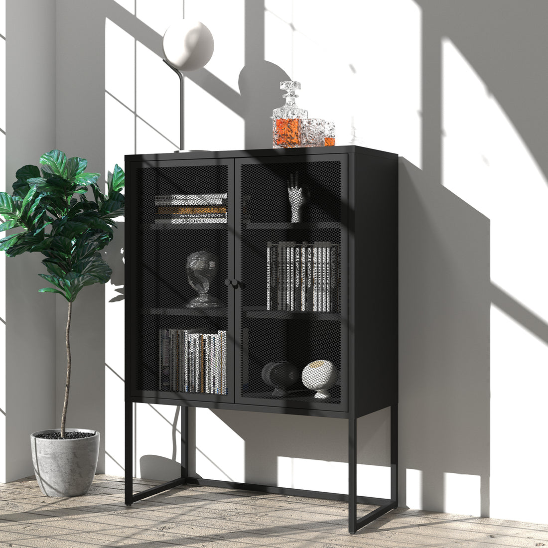 Black Storage Cabinet With Doors, Modern Black Accent Cabinet, Free Standing Cabinet, Buffet Sideboards For Bedroom, Kitchen,Home Office Black Steel